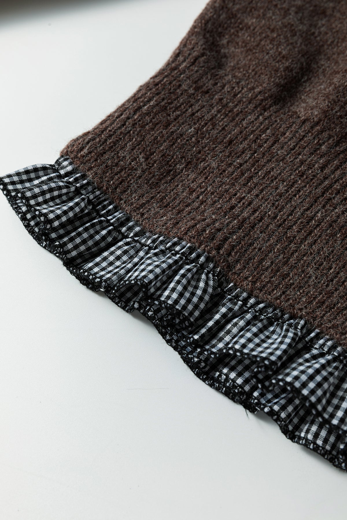 Chicory Coffee Contrast Plaid Ruffle Trim Pullover Sweater