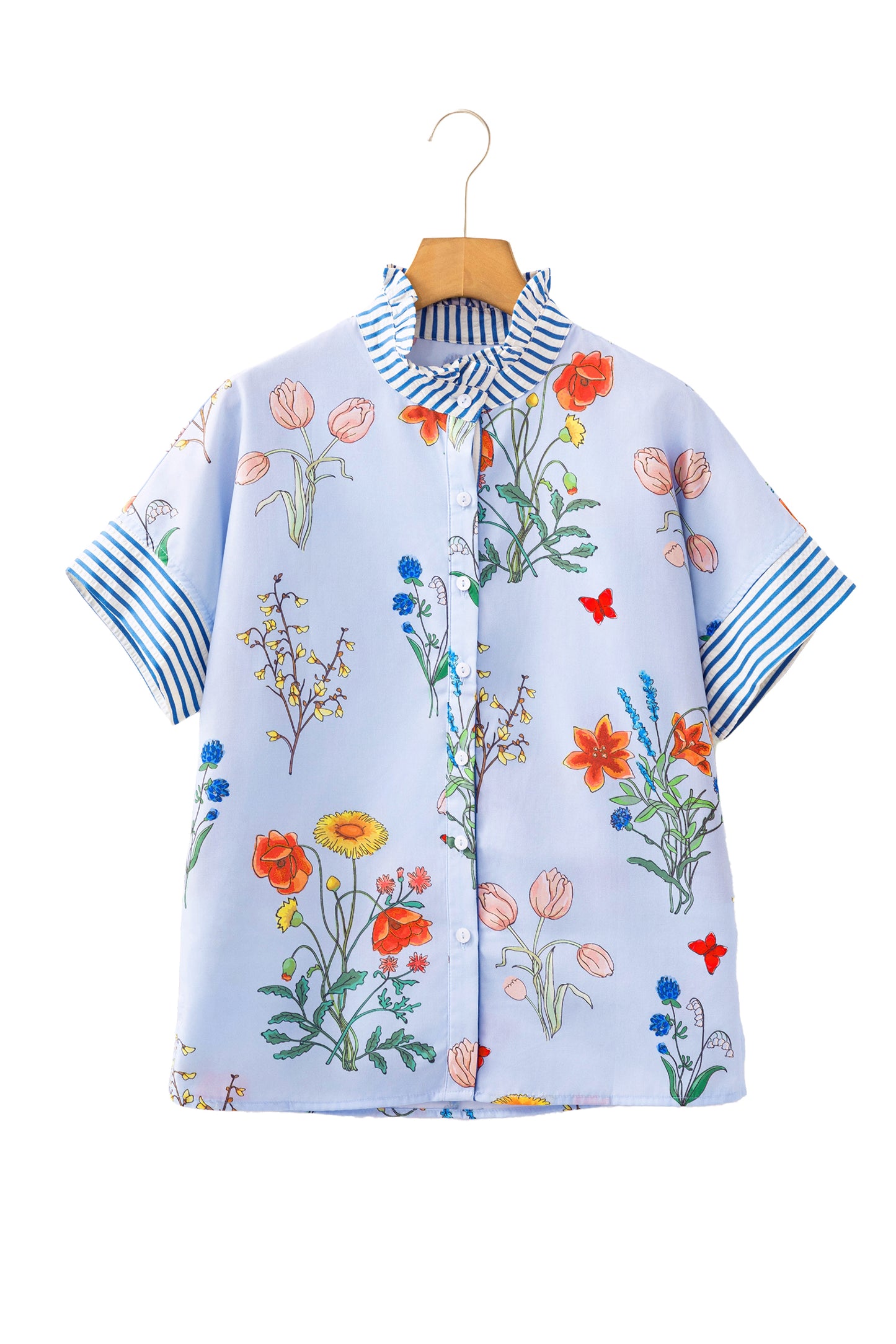 Beige Floral Striped Patchwork Ruffled Collar Short Sleeve Shirt