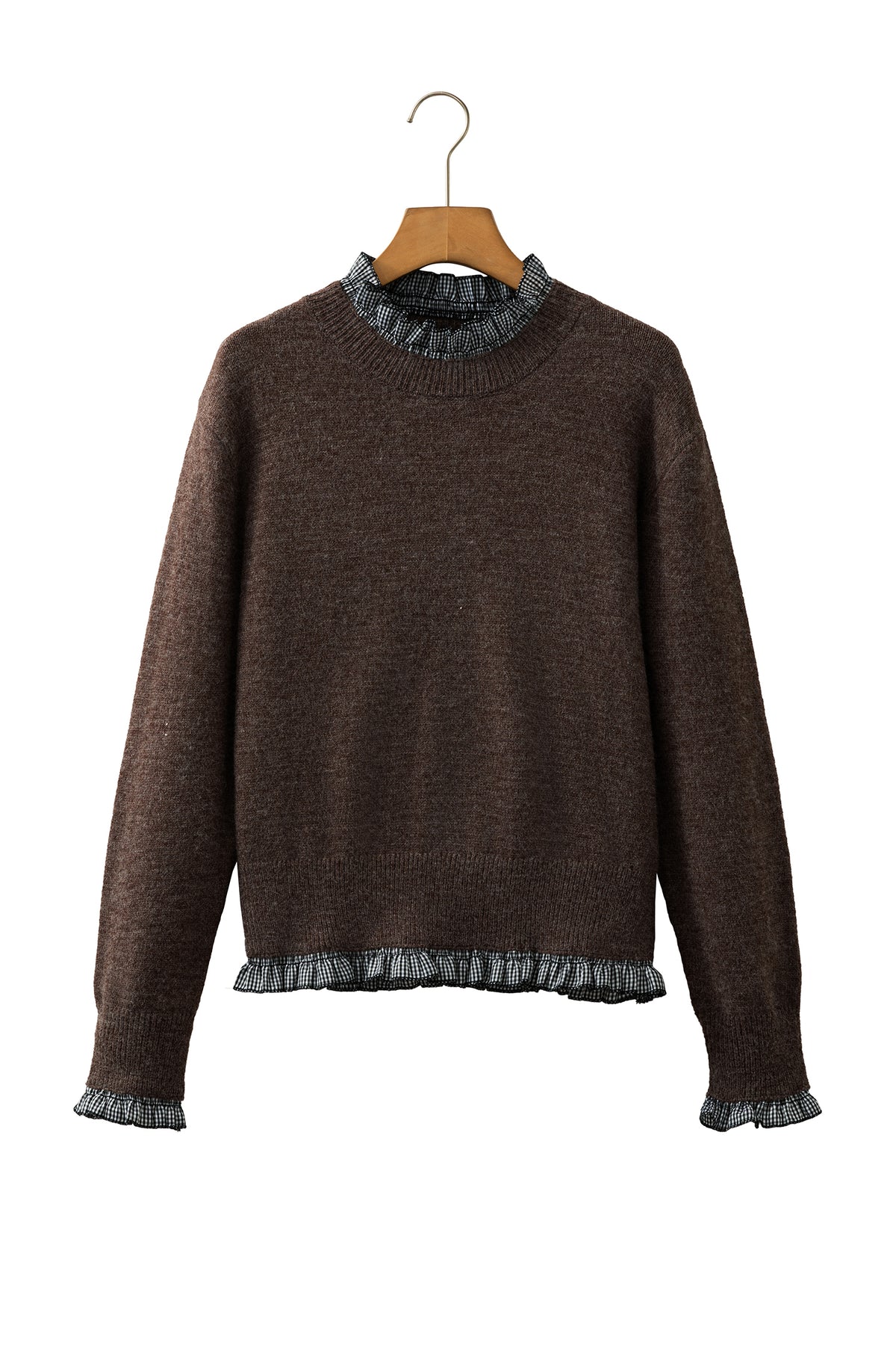 Chicory Coffee Contrast Plaid Ruffle Trim Pullover Sweater