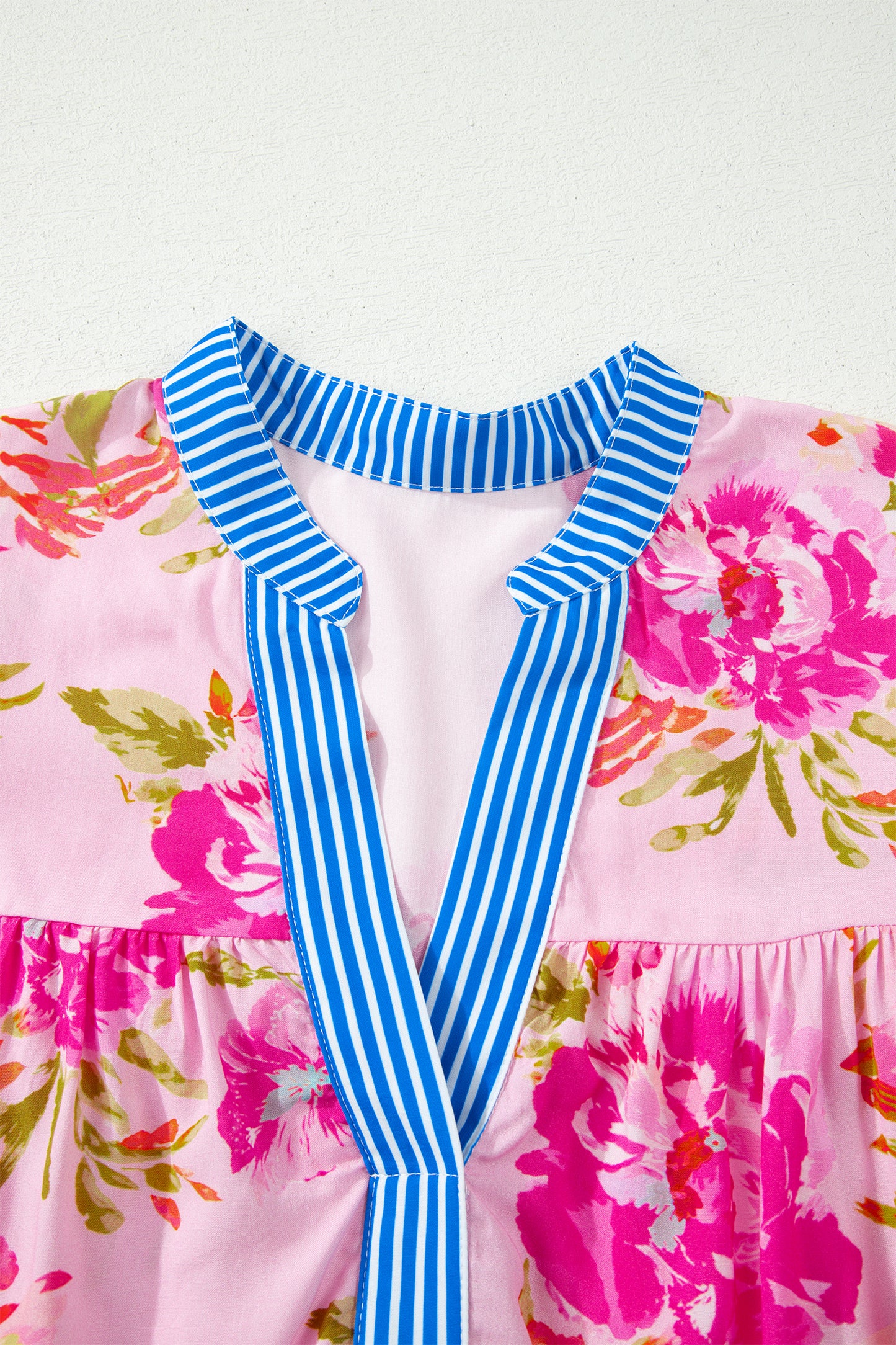 Multicolour Floral Half Sleeve Striped Trim V Neck Blouse