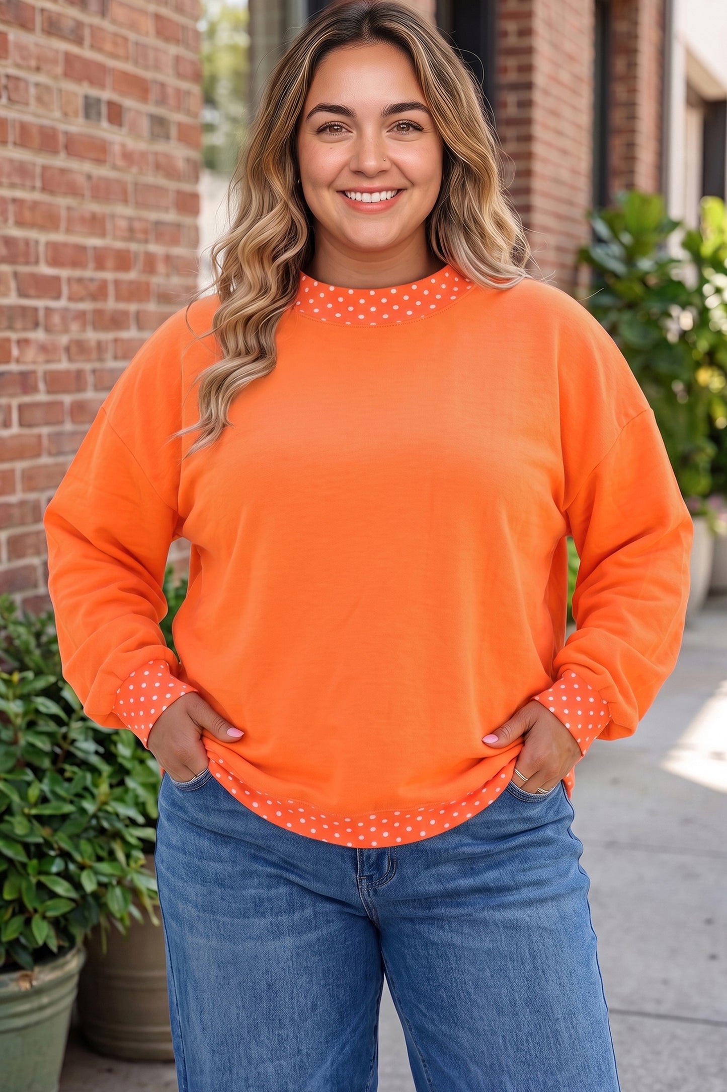 Dirty blue Polka Dot Patchwork Round Neck Plus Size Sweatshirt