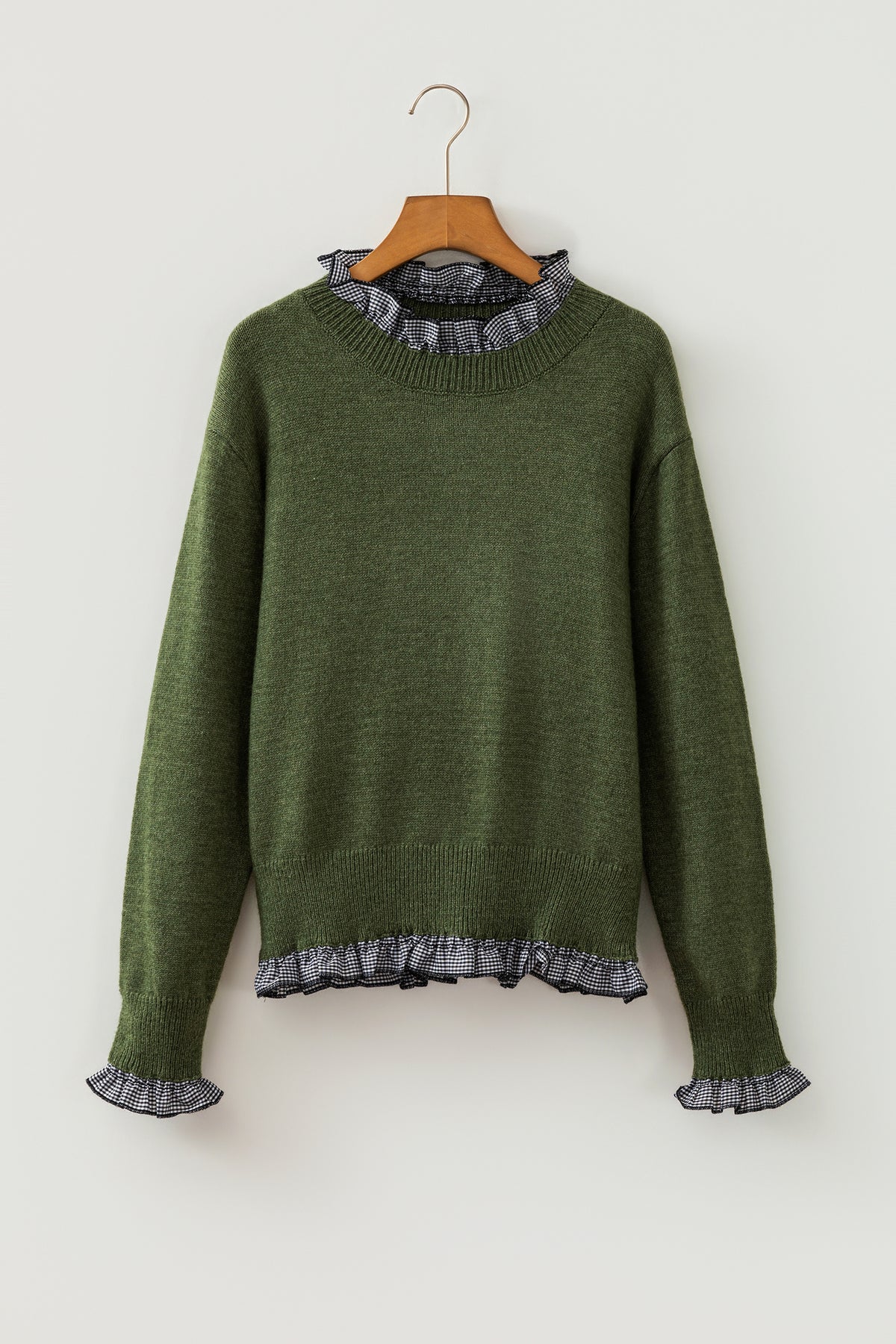 Chicory Coffee Contrast Plaid Ruffle Trim Pullover Sweater