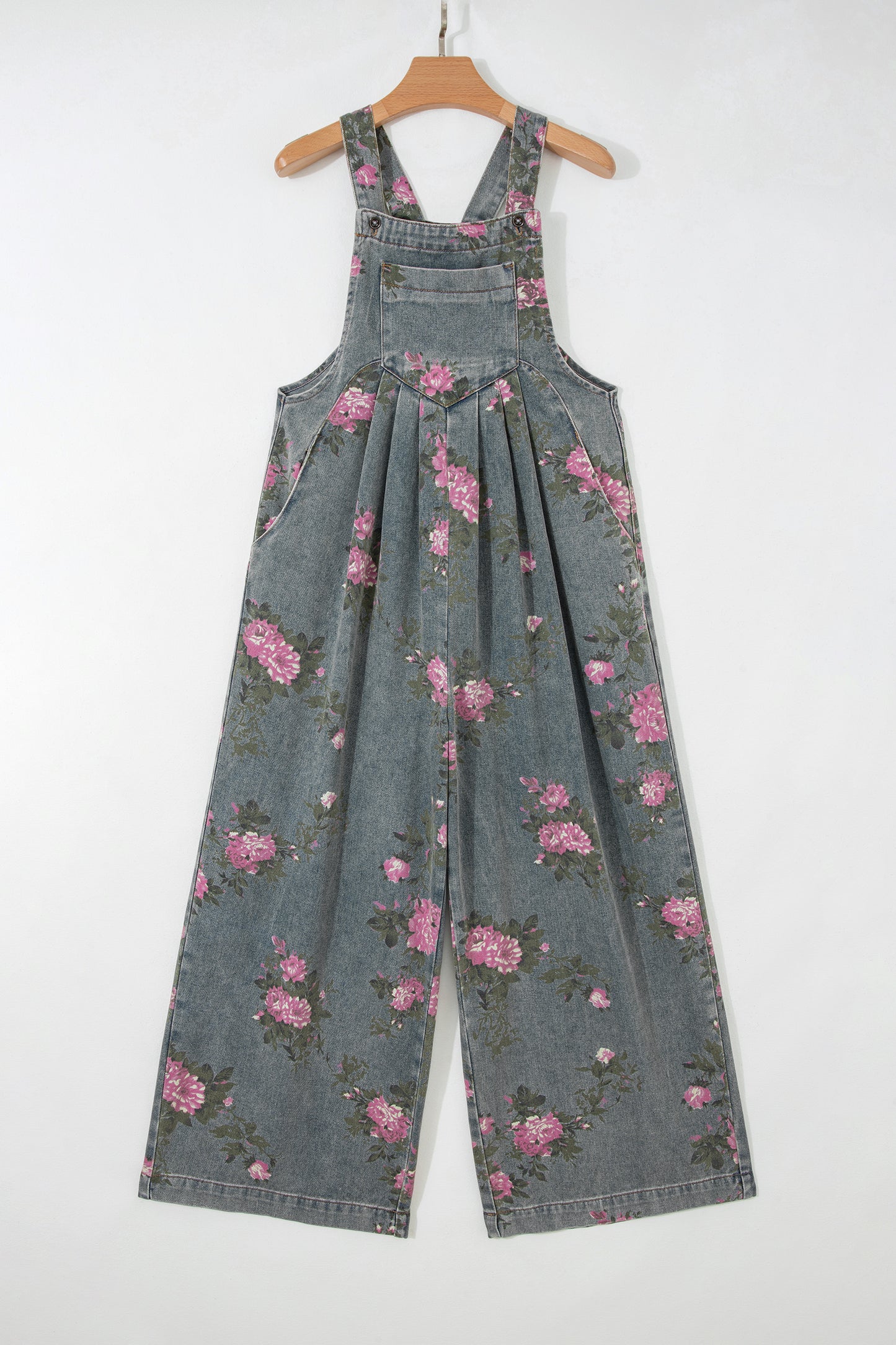 Beau Blue Floral Print Pleated High Waist Wide Leg Denim Jumpsuit