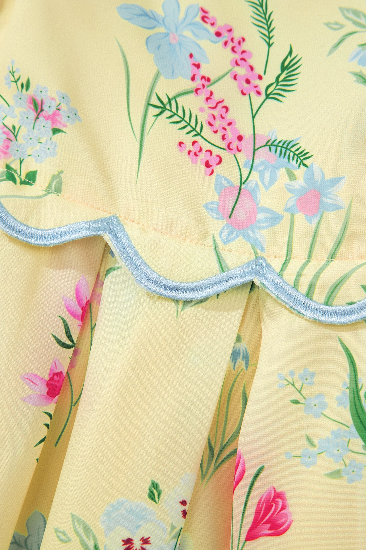 Beige Floral Print Contrast Trim Self-tie Straps High Waist Midi Dress