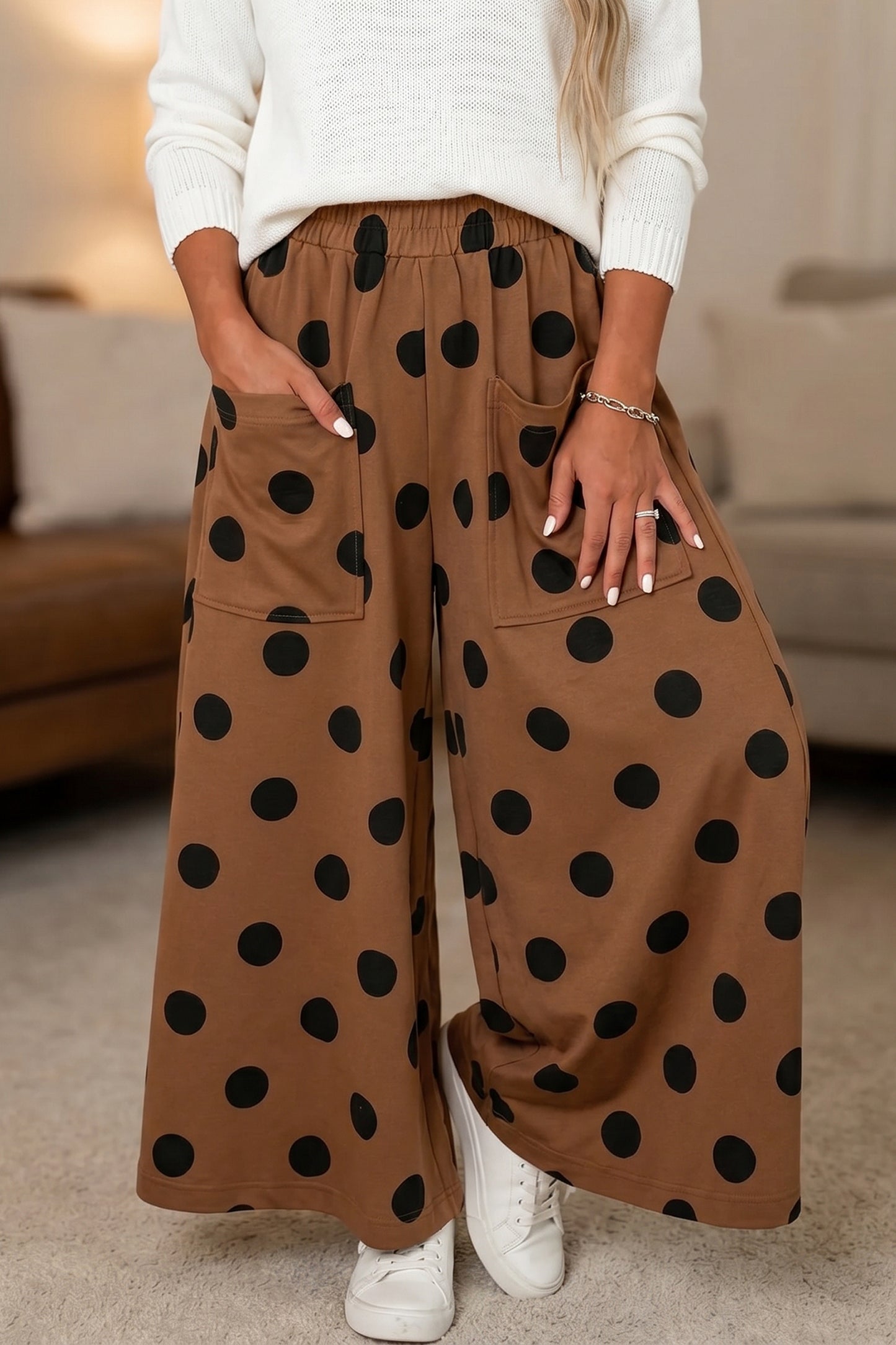 Sky Blue Polka Dot Wide Leg Elastic Waist Casual Pants