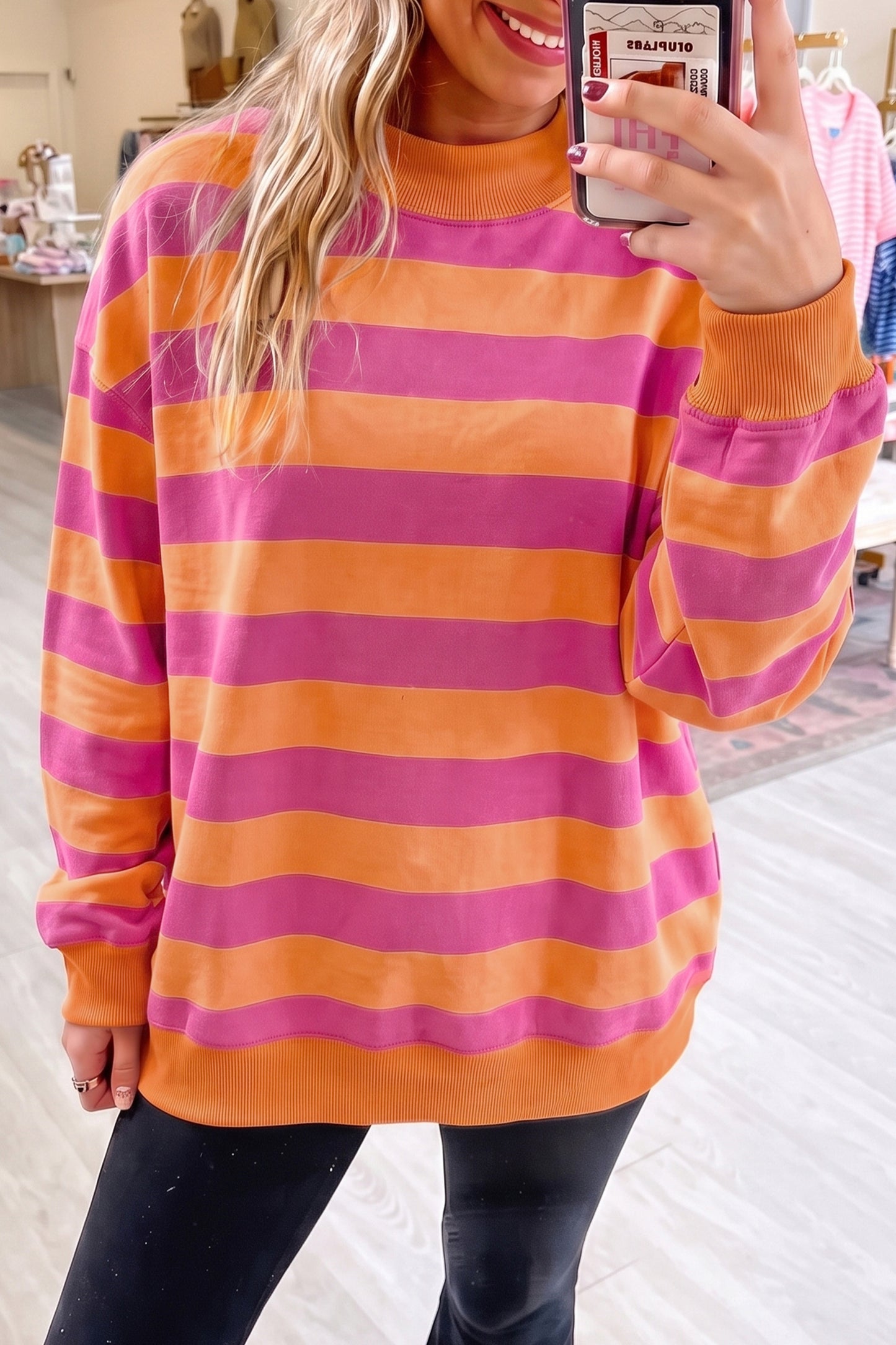Blue Stripe Colorblock Mock Neck Relaxed Sweatshirt