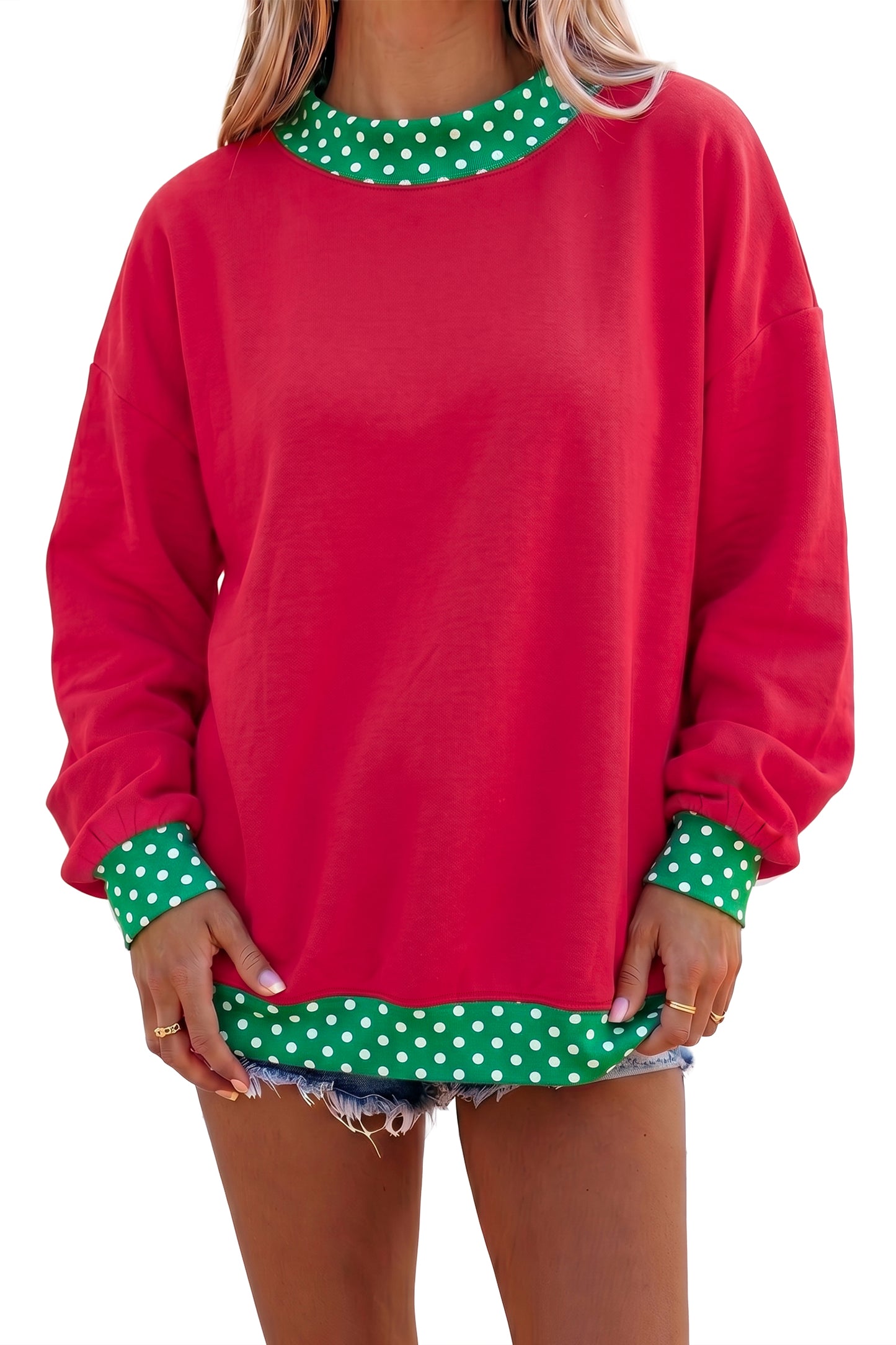 Dirty blue Colorblock Polka Dot Contrast Trim Oversized Sweatshirt