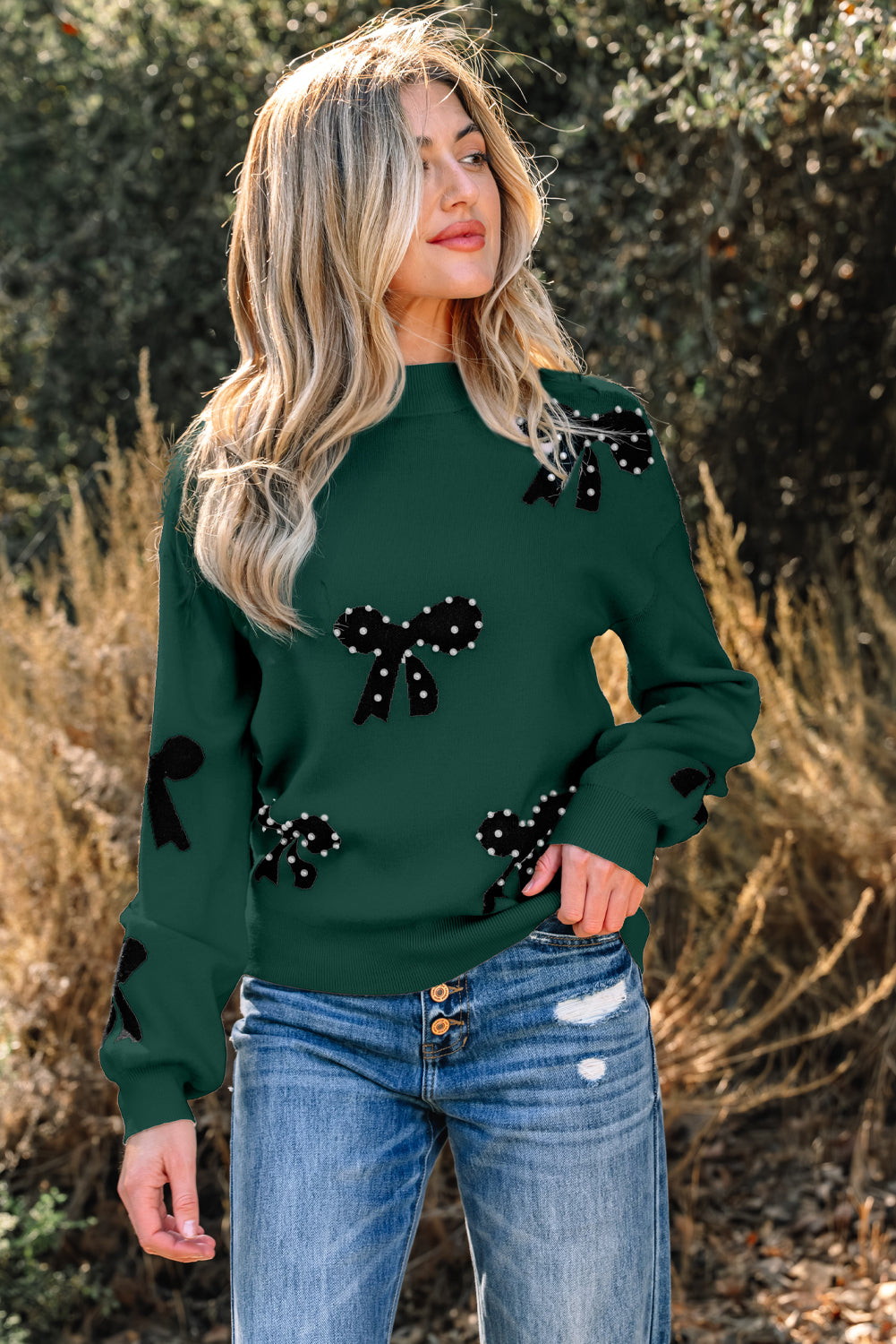Smoke Gray Pearl Embellished Bow Pattern Loose Sweater