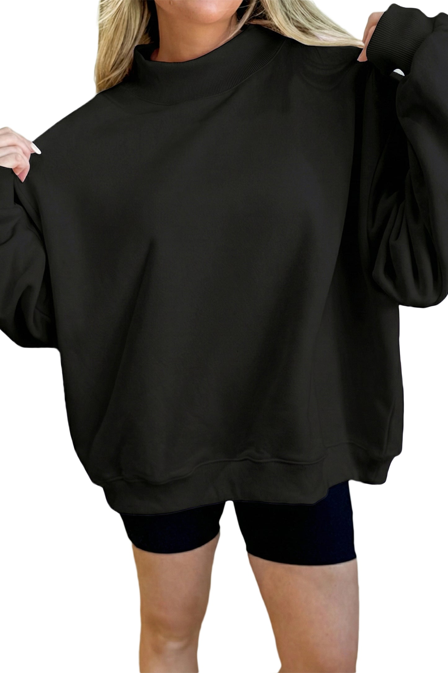 Dark Blue Solid Color Oversized Mock Neck Sweatshirt