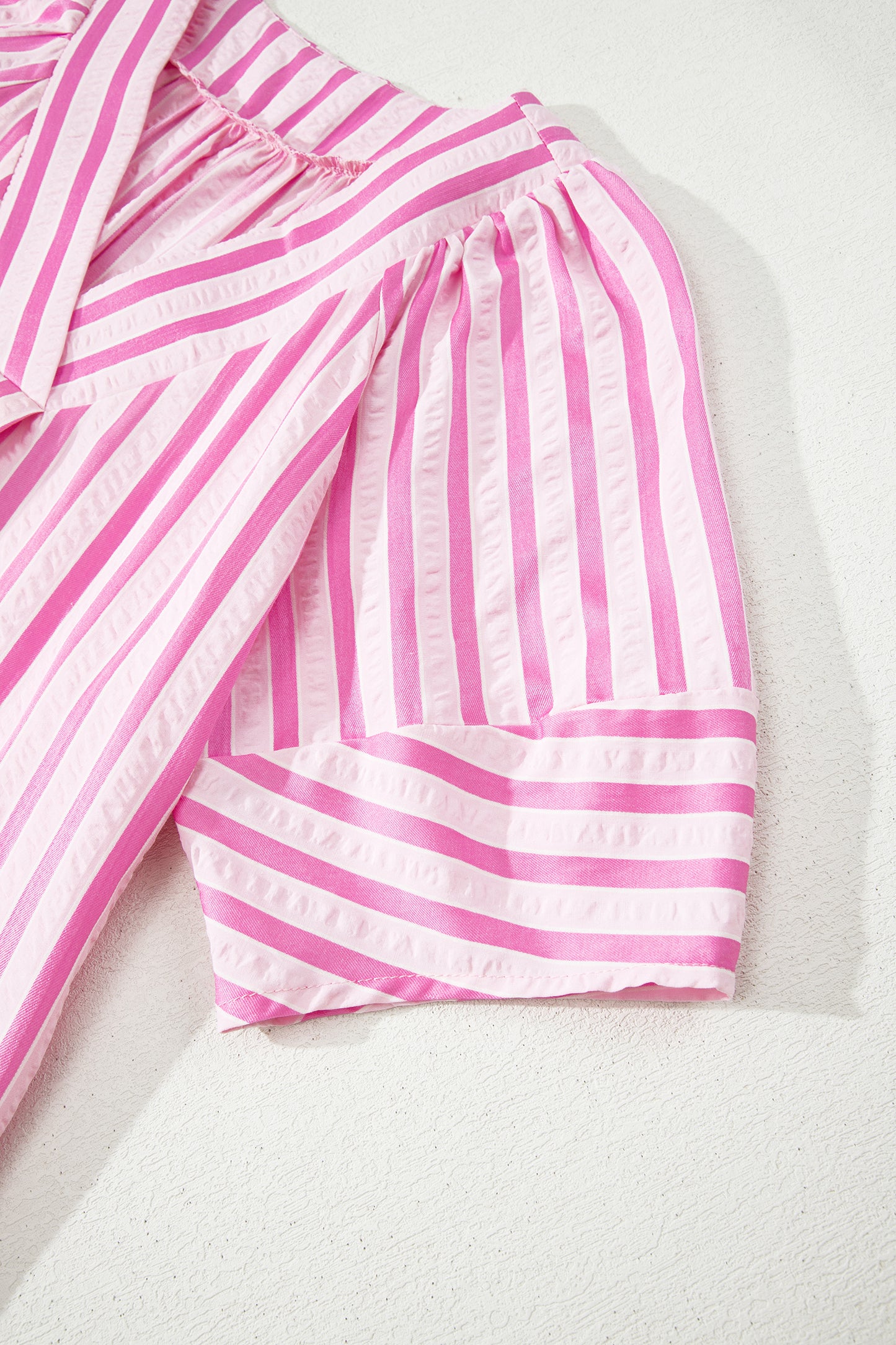 Pink Stripe V Neck Short Sleeve Shift Long Dress