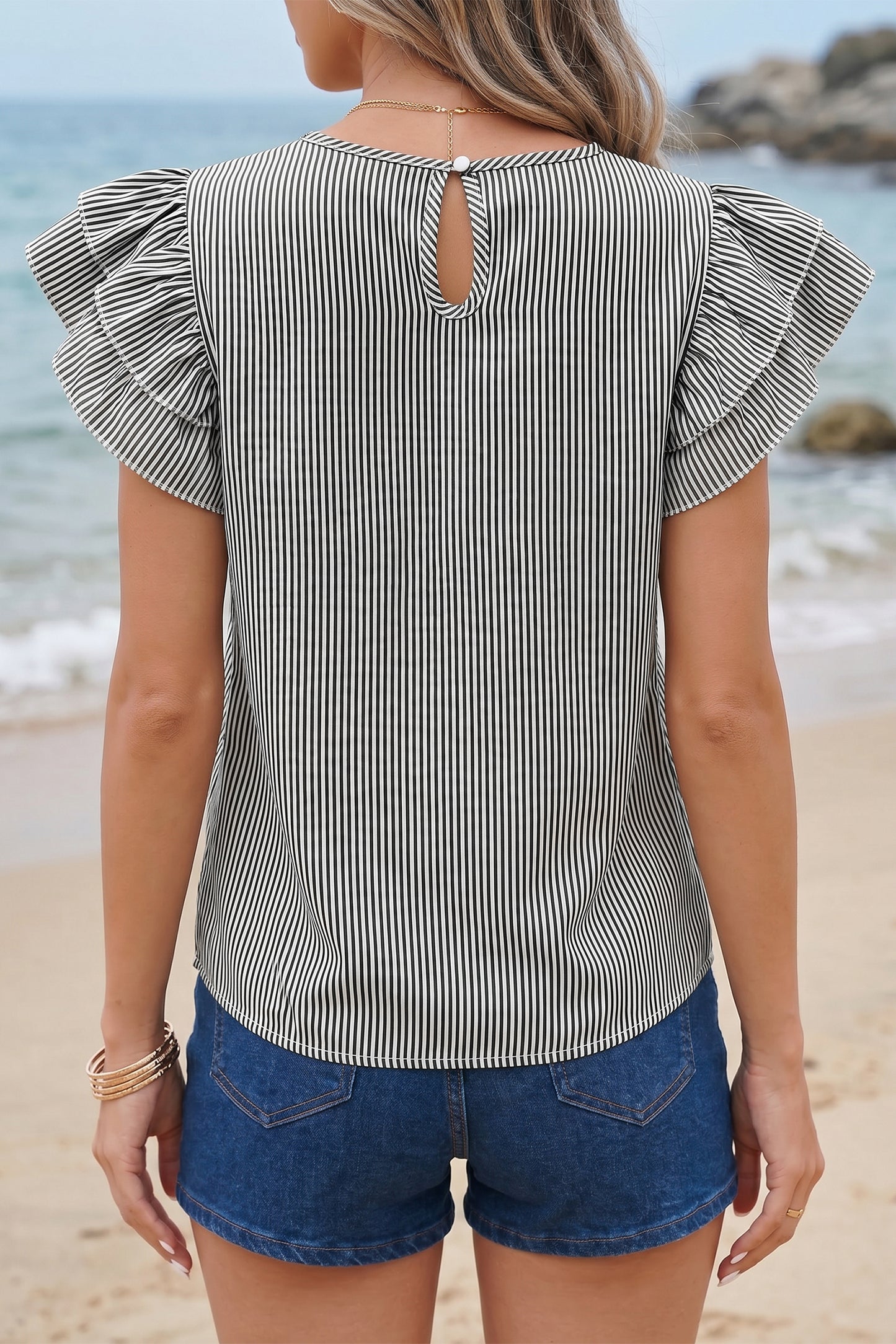Black Stripe Striped Ruffle Sleeve Short Sleeve Round Neck Casual Shift Blouse