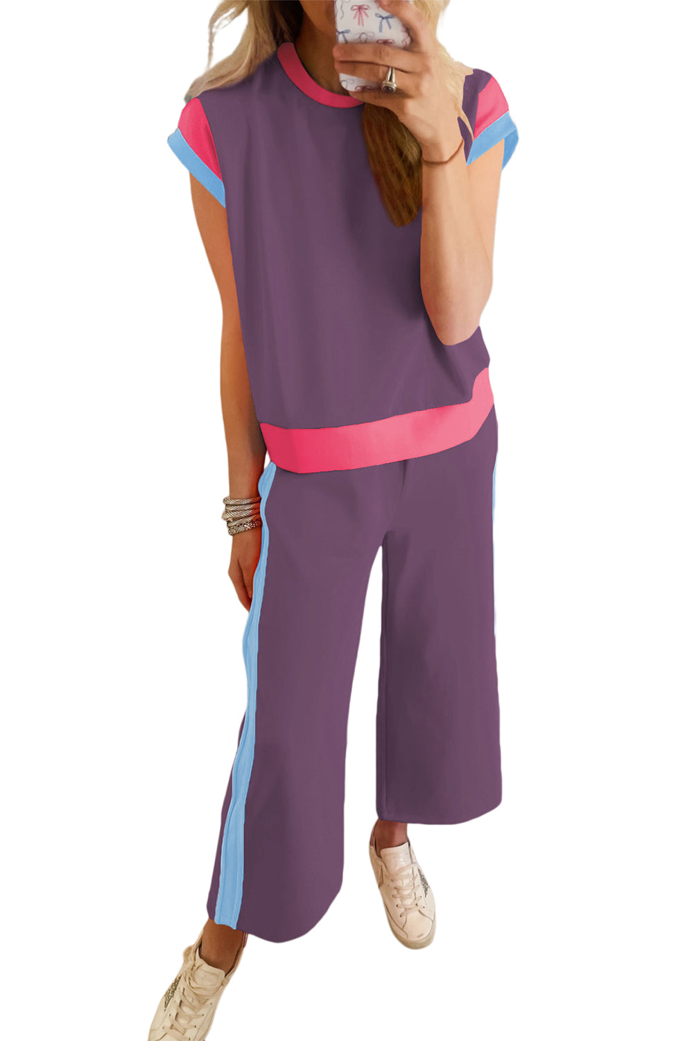 Strawberry Pink Color Block Detail Casual Two-piece Set