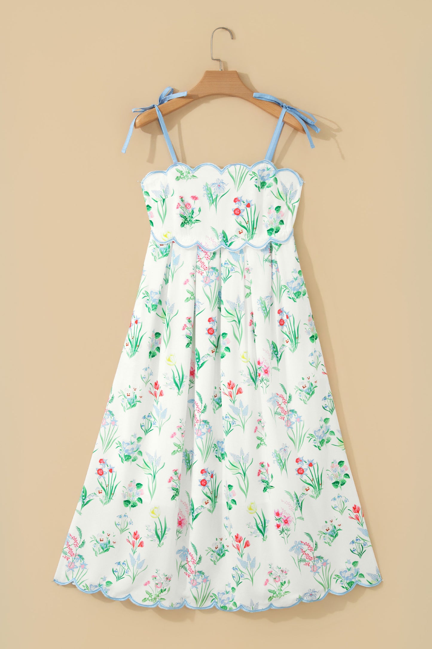 Beige Floral Print Contrast Trim Self-tie Straps High Waist Midi Dress