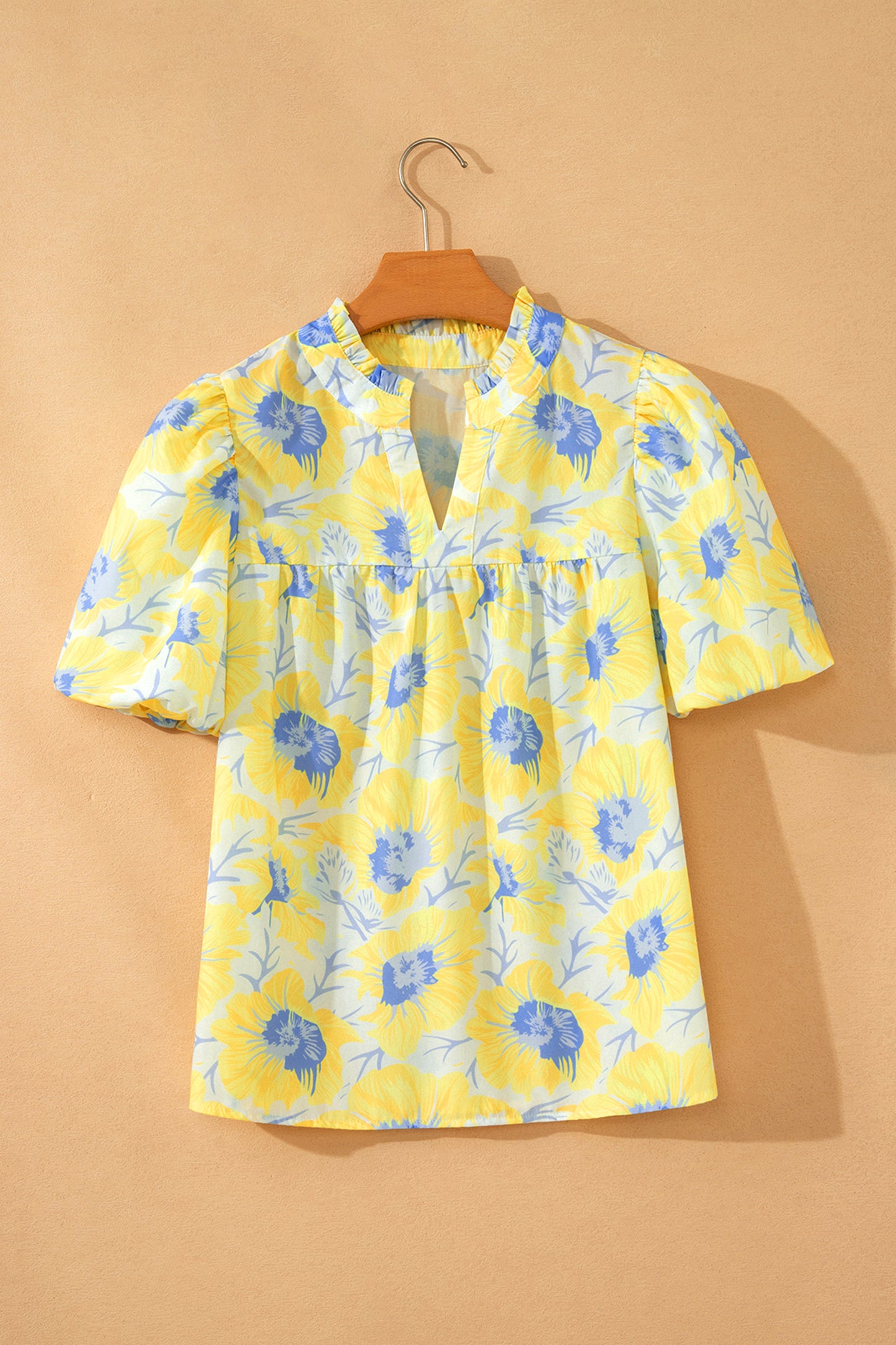Yellow Short Bubble Sleeve Summer Floral Blouse