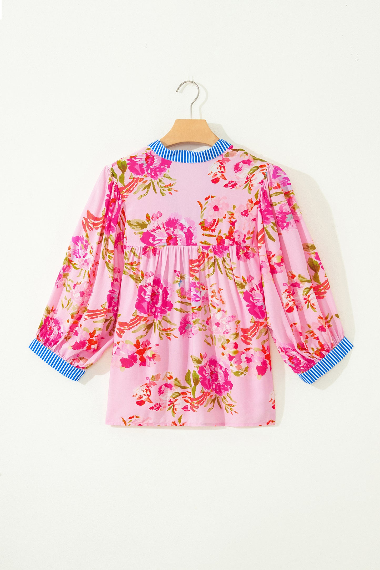 Multicolour Floral Half Sleeve Striped Trim V Neck Blouse