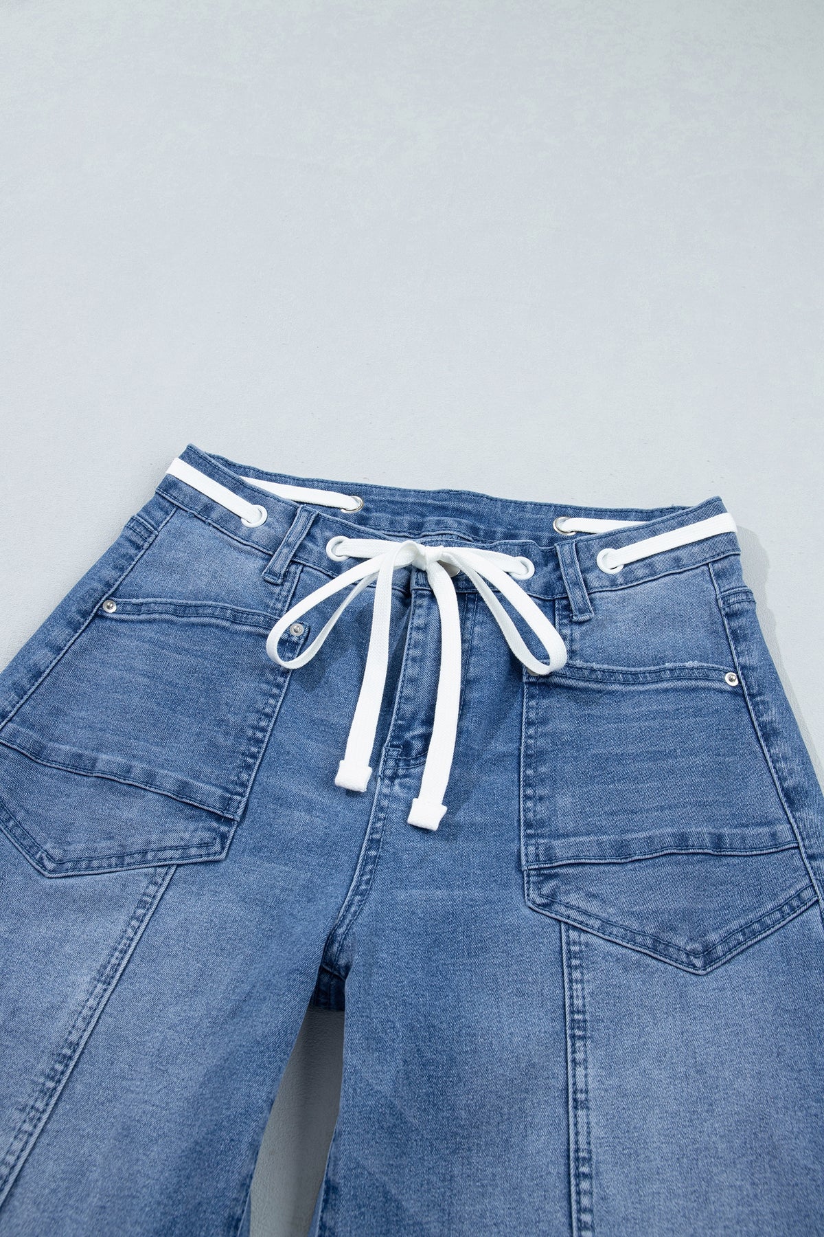 Beau Blue Solid Patchwork Grommet Tie Waist Loose Ankle-Length Jeans