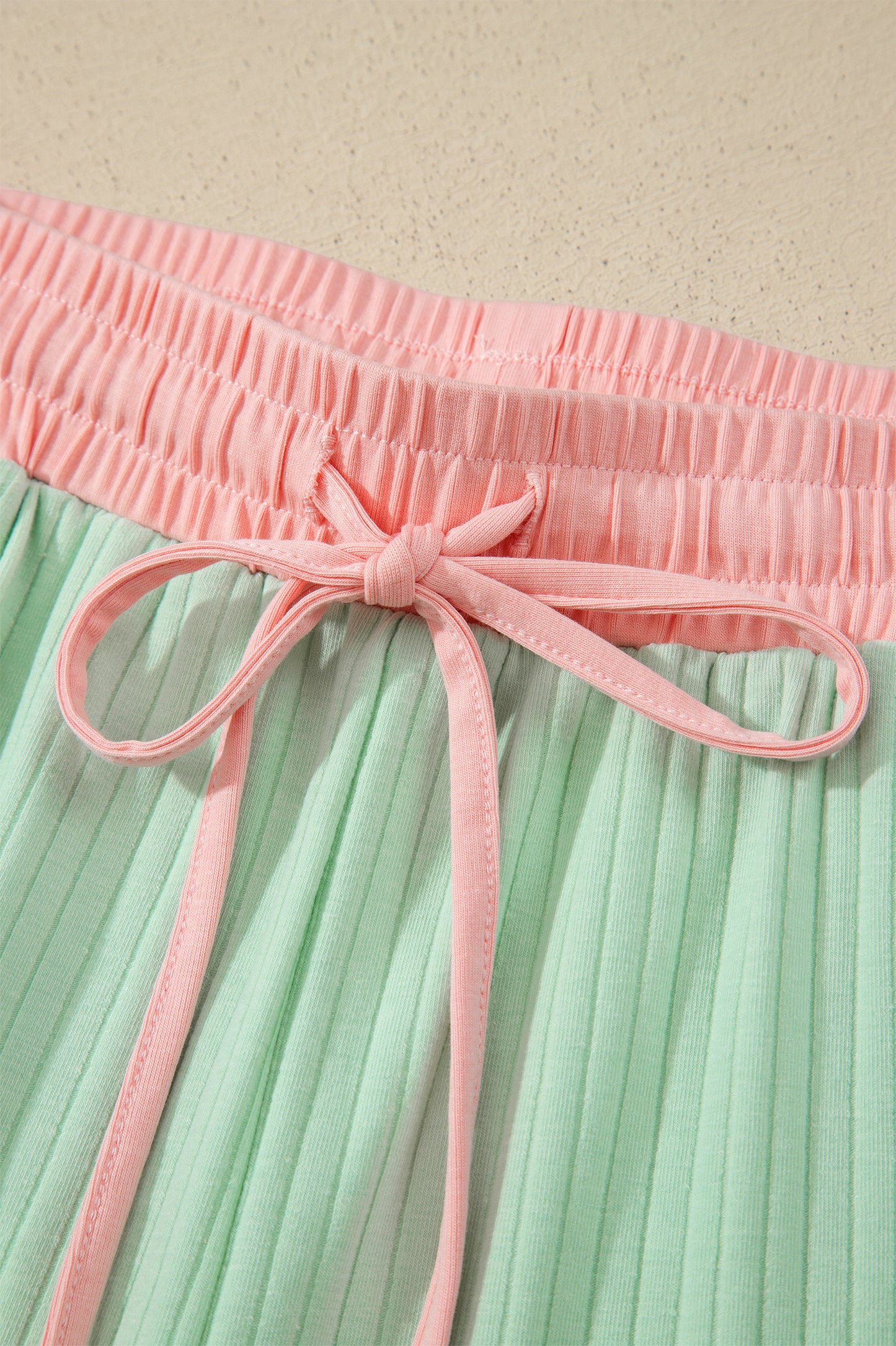 Sachet Pink Soft Ribbed Color Block Trim Casual Short Set