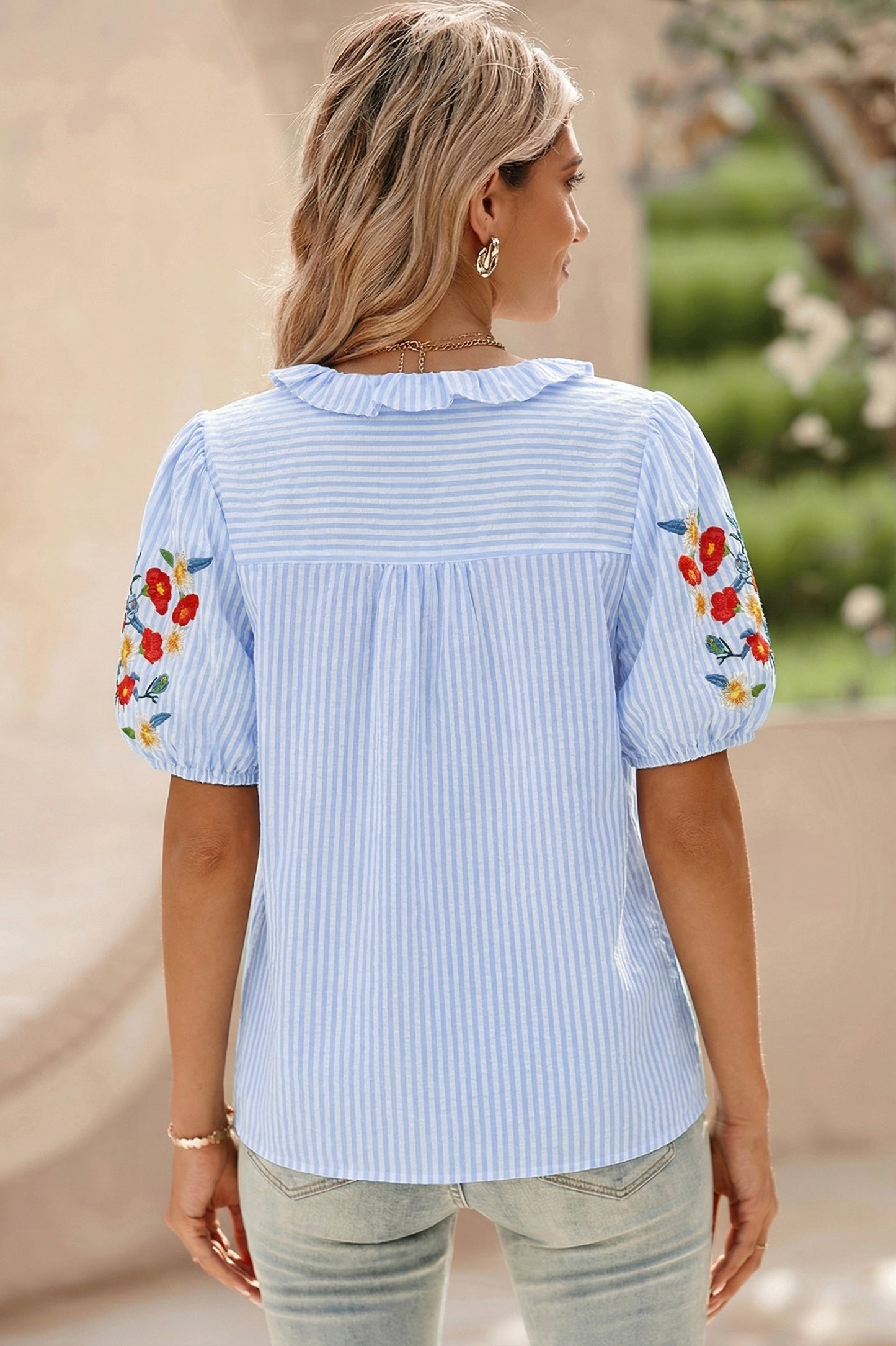 Sky Blue Stripe Floral Embroidered Puff Sleeve Ruffle Trim Shirt