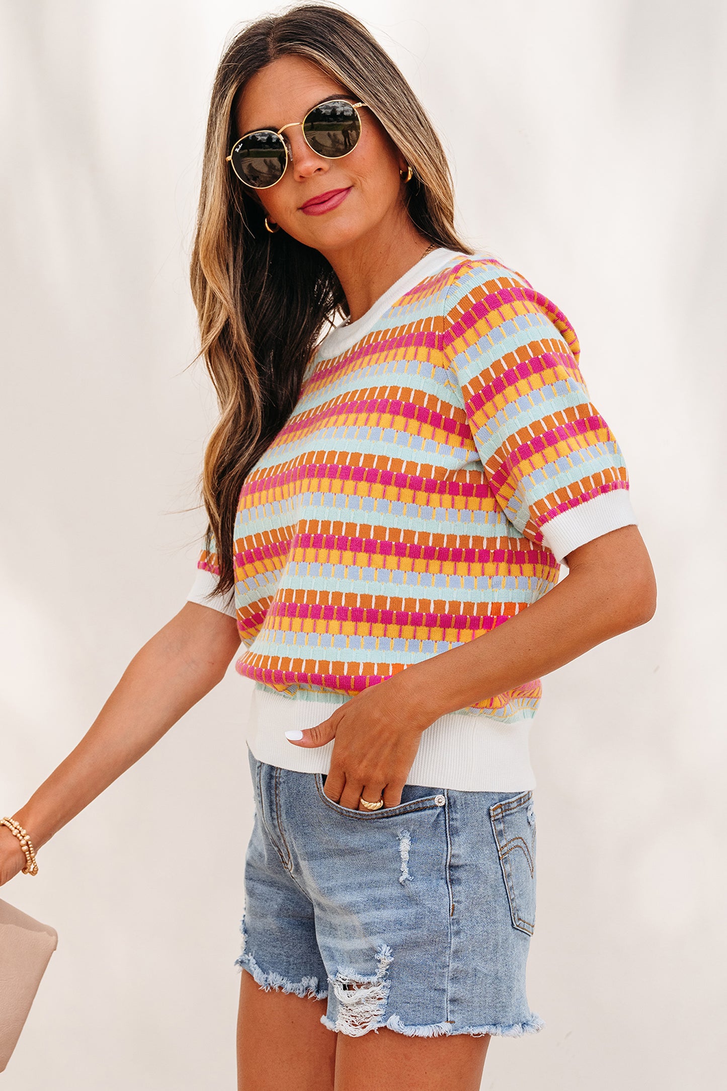 Rose Red Abstract Striped Knit Short Sleeve Sweater