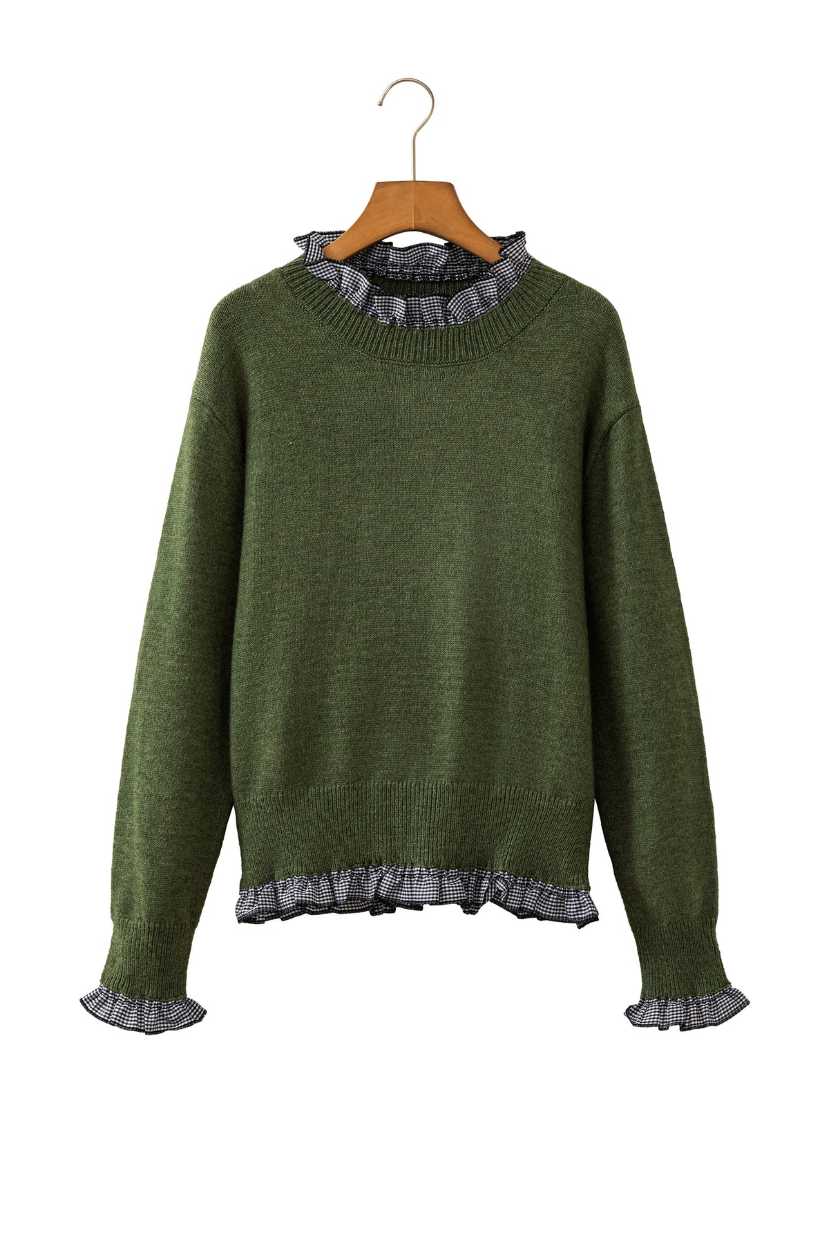 Chicory Coffee Contrast Plaid Ruffle Trim Pullover Sweater
