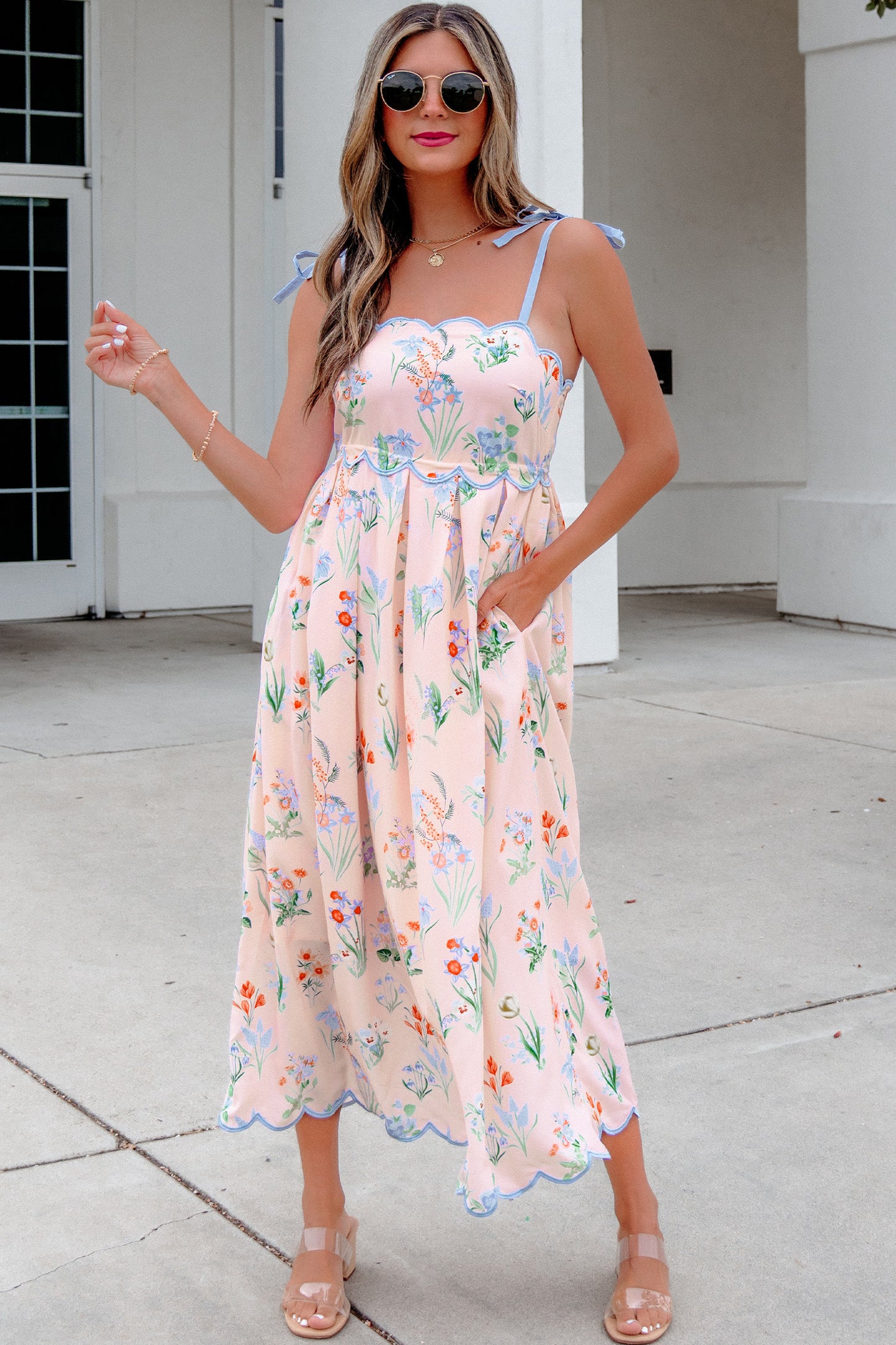 Beige Floral Print Contrast Trim Self-tie Straps High Waist Midi Dress