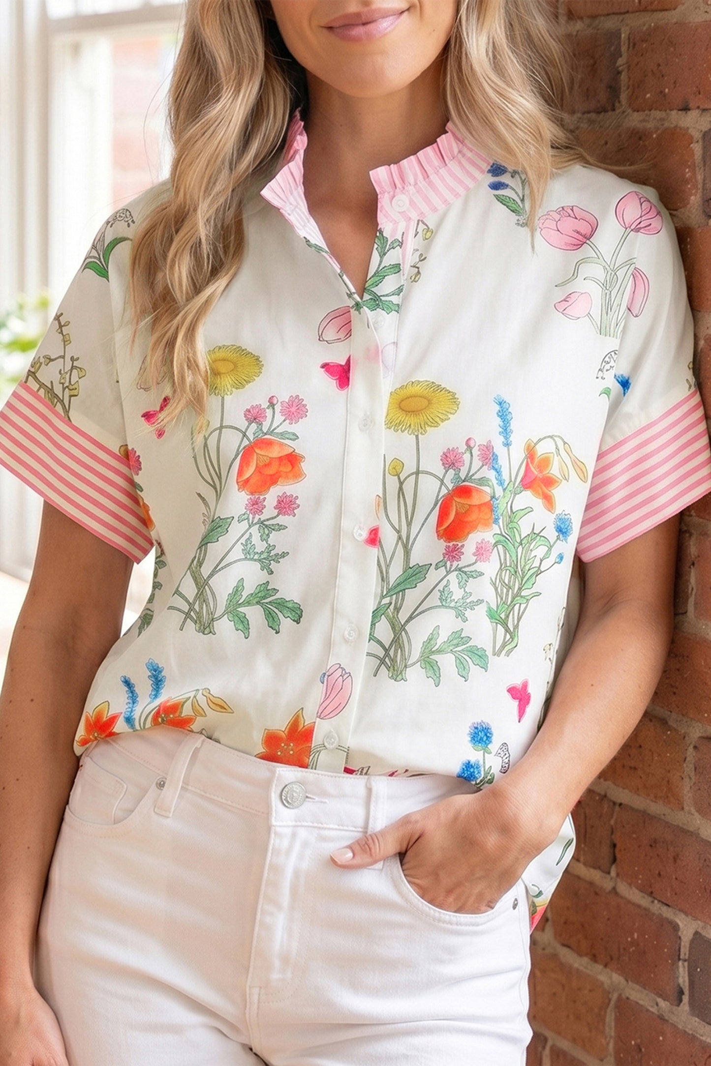 Beige Floral Striped Patchwork Ruffled Collar Short Sleeve Shirt