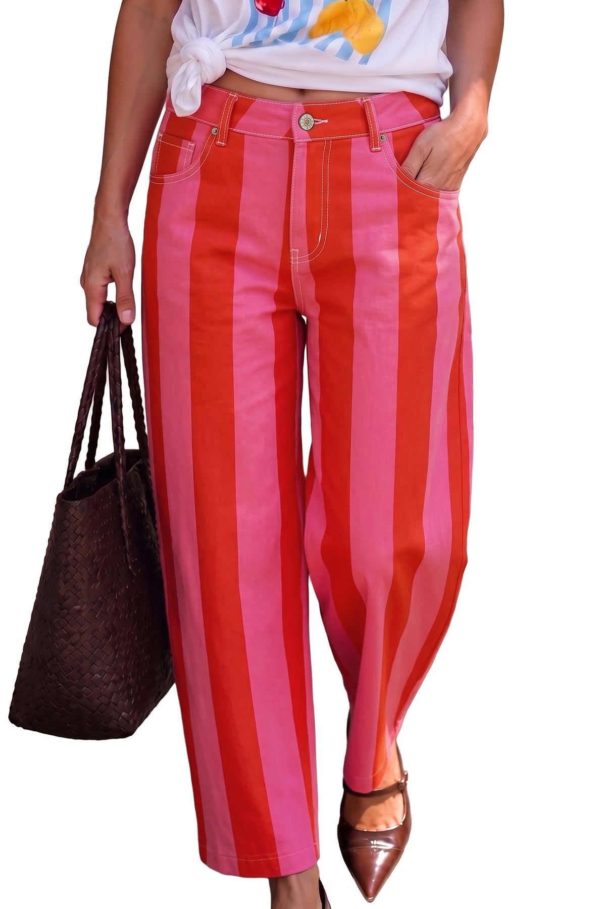 Brown Stripe Nature Waist Casual Shift Jeans