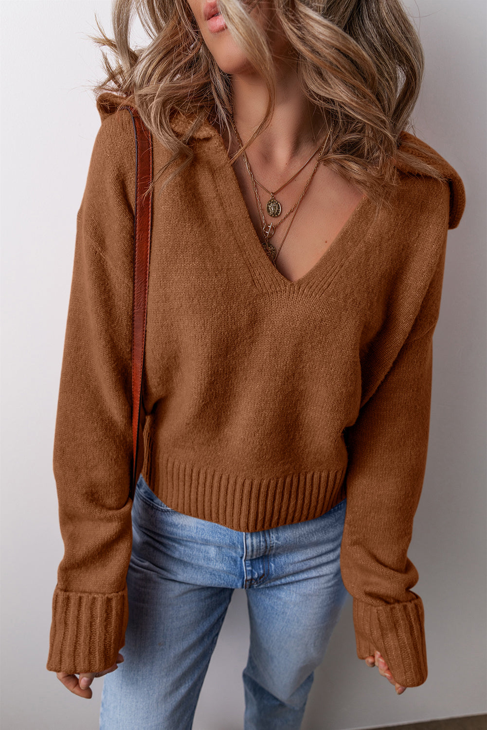 Racing Red Collared V Neck Ribbed Edge Sexy Elegant Sweater