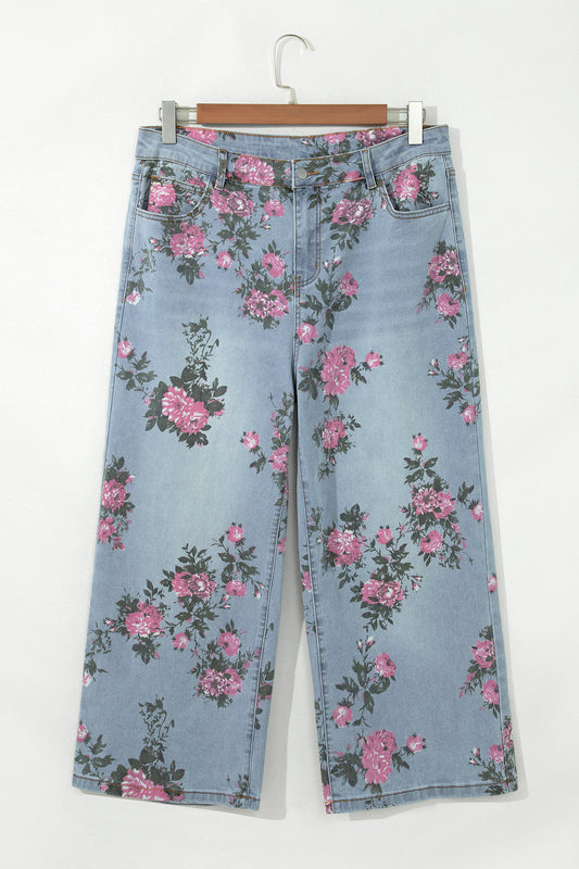 Sky Blue Plus Size Floral Print Ankle Length Loose Jeans