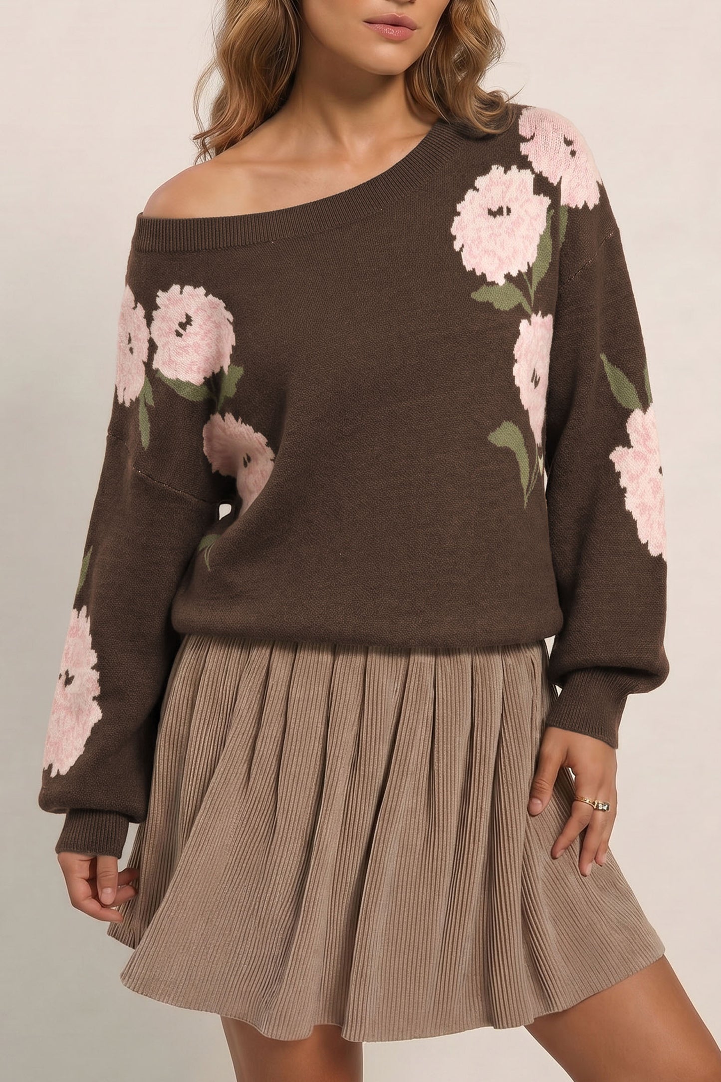 Dark Brown Floral Print Drop Shoulder Relaxed Pullover Sweater
