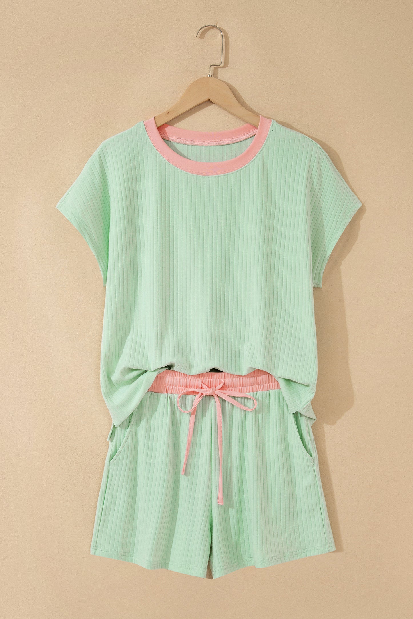 Sachet Pink Soft Ribbed Color Block Trim Casual Short Set