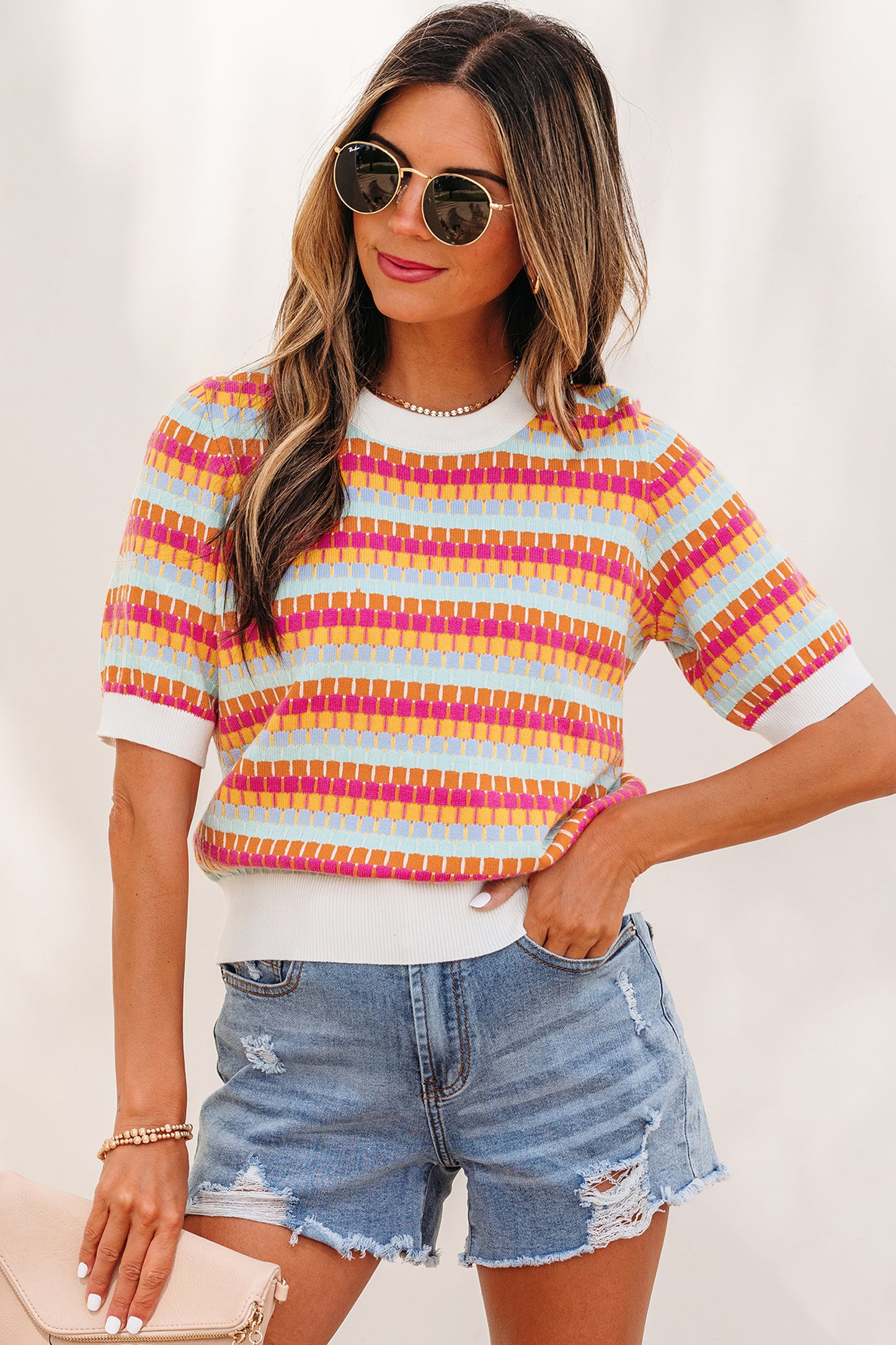 Rose Red Abstract Striped Knit Short Sleeve Sweater