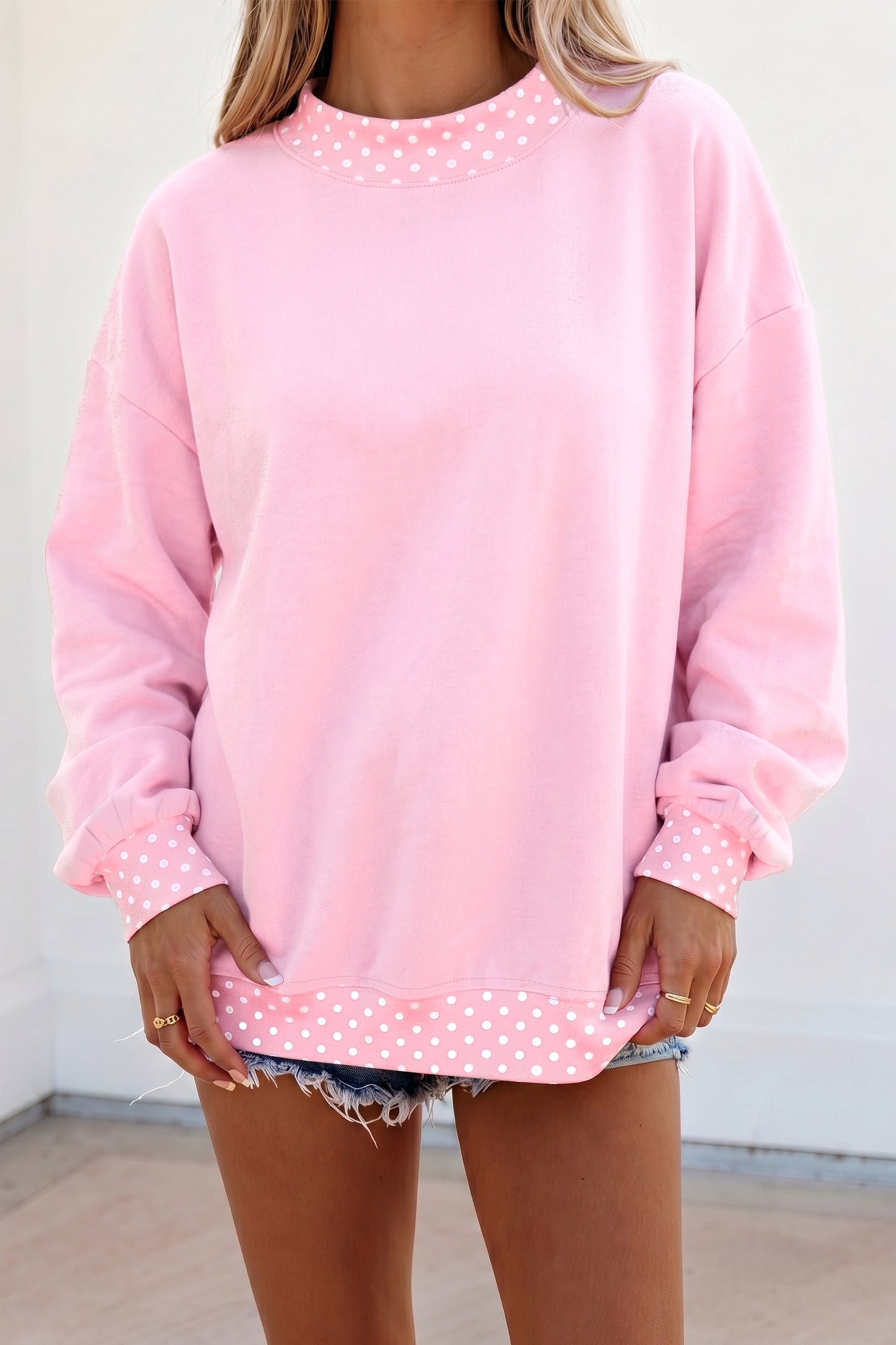 Dirty blue Colorblock Polka Dot Contrast Trim Oversized Sweatshirt