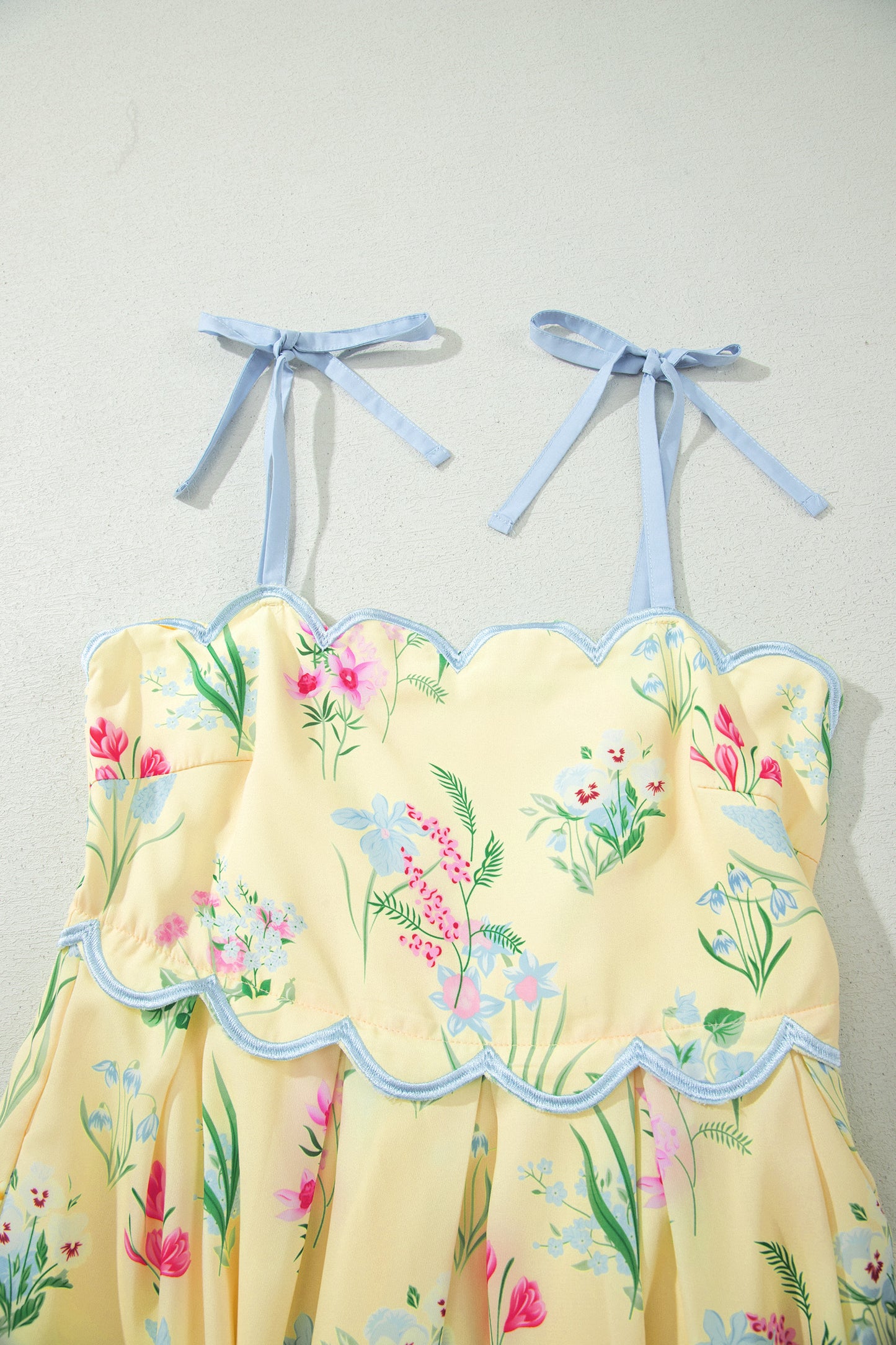 Beige Floral Print Contrast Trim Self-tie Straps High Waist Midi Dress