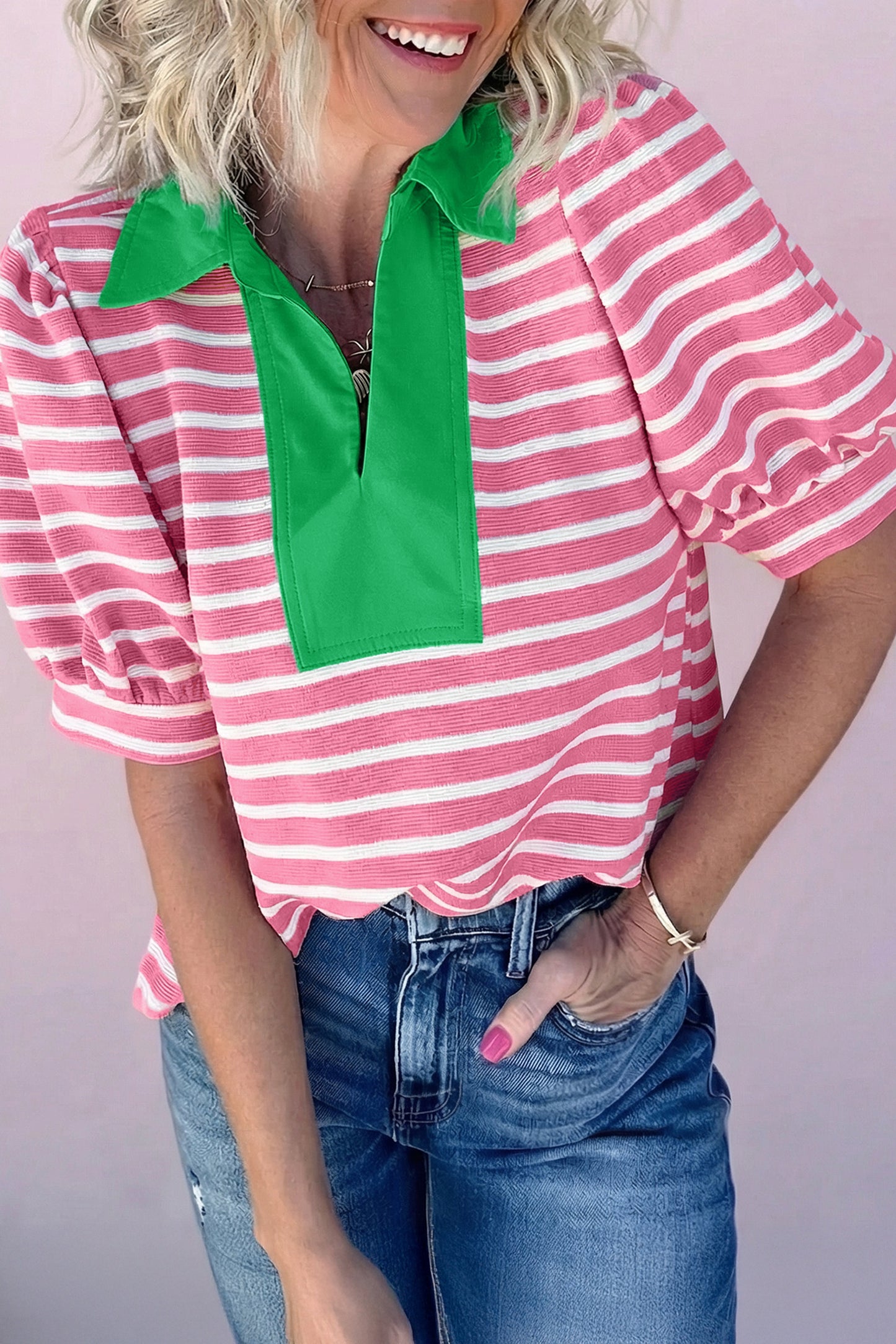 Blue Stripe Short Puff Sleeve Color Block Polo Collar Blouse