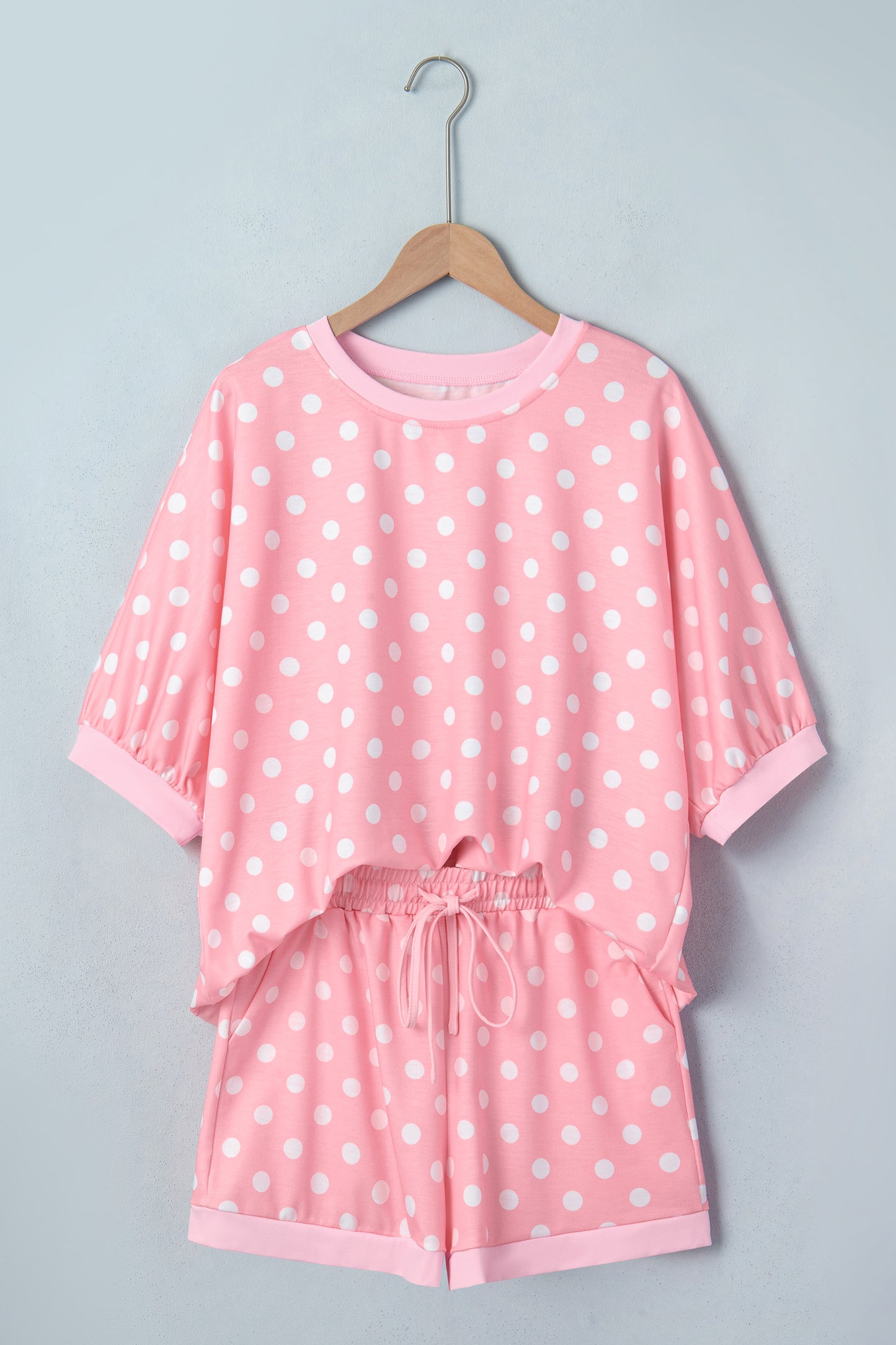 Beige Polka Dot Oversized Top Drawstring Short Set