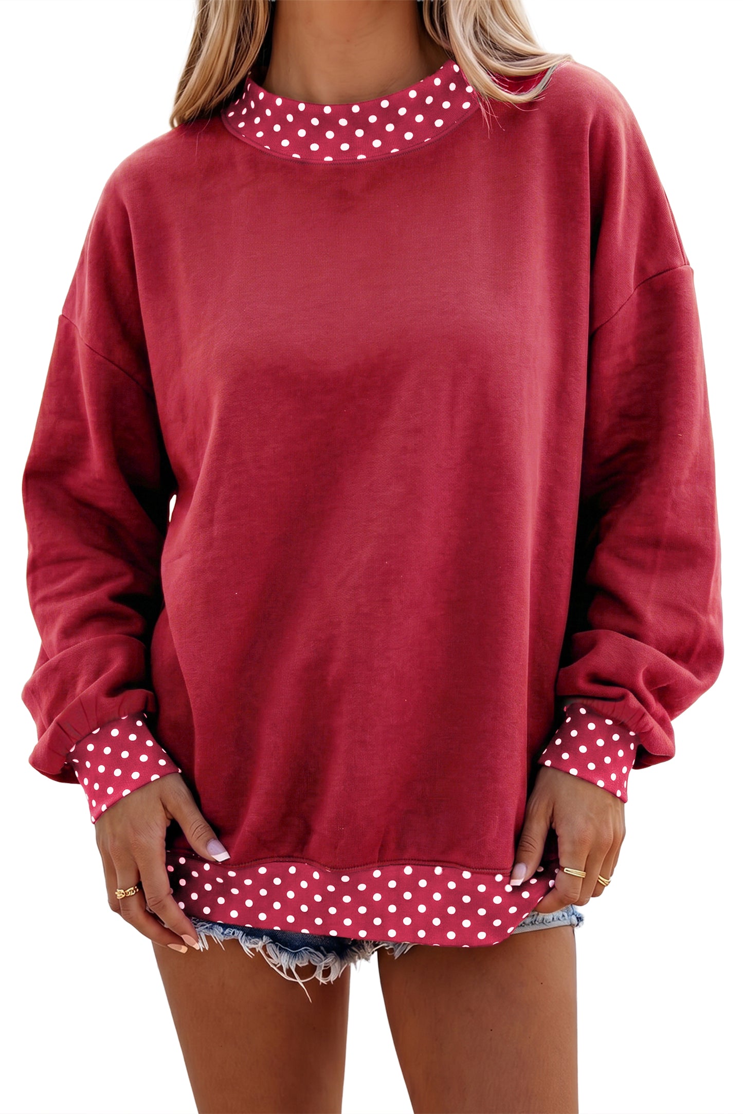 Dirty blue Colorblock Polka Dot Contrast Trim Oversized Sweatshirt