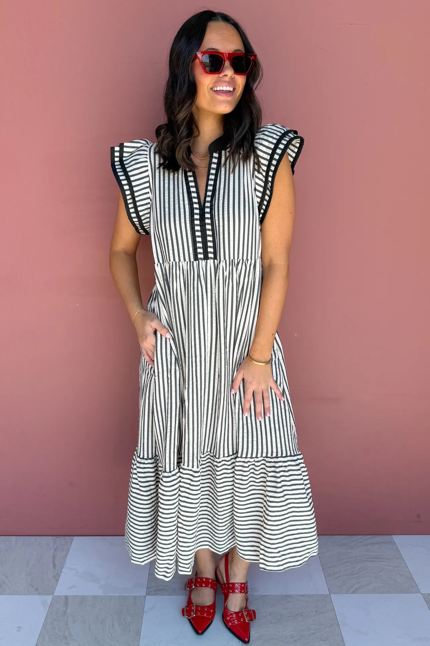 Black Stripe Plus Size Slit V Neck Tiered Flutter Sleeve Maxi Dress
