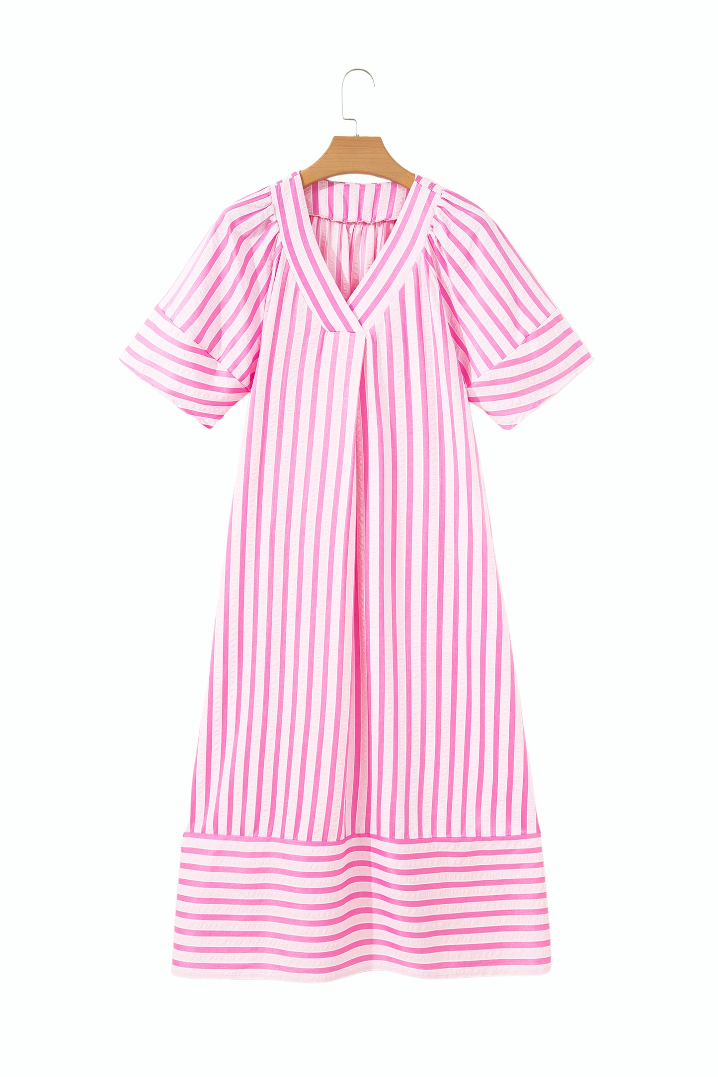 Pink Stripe V Neck Short Sleeve Shift Long Dress