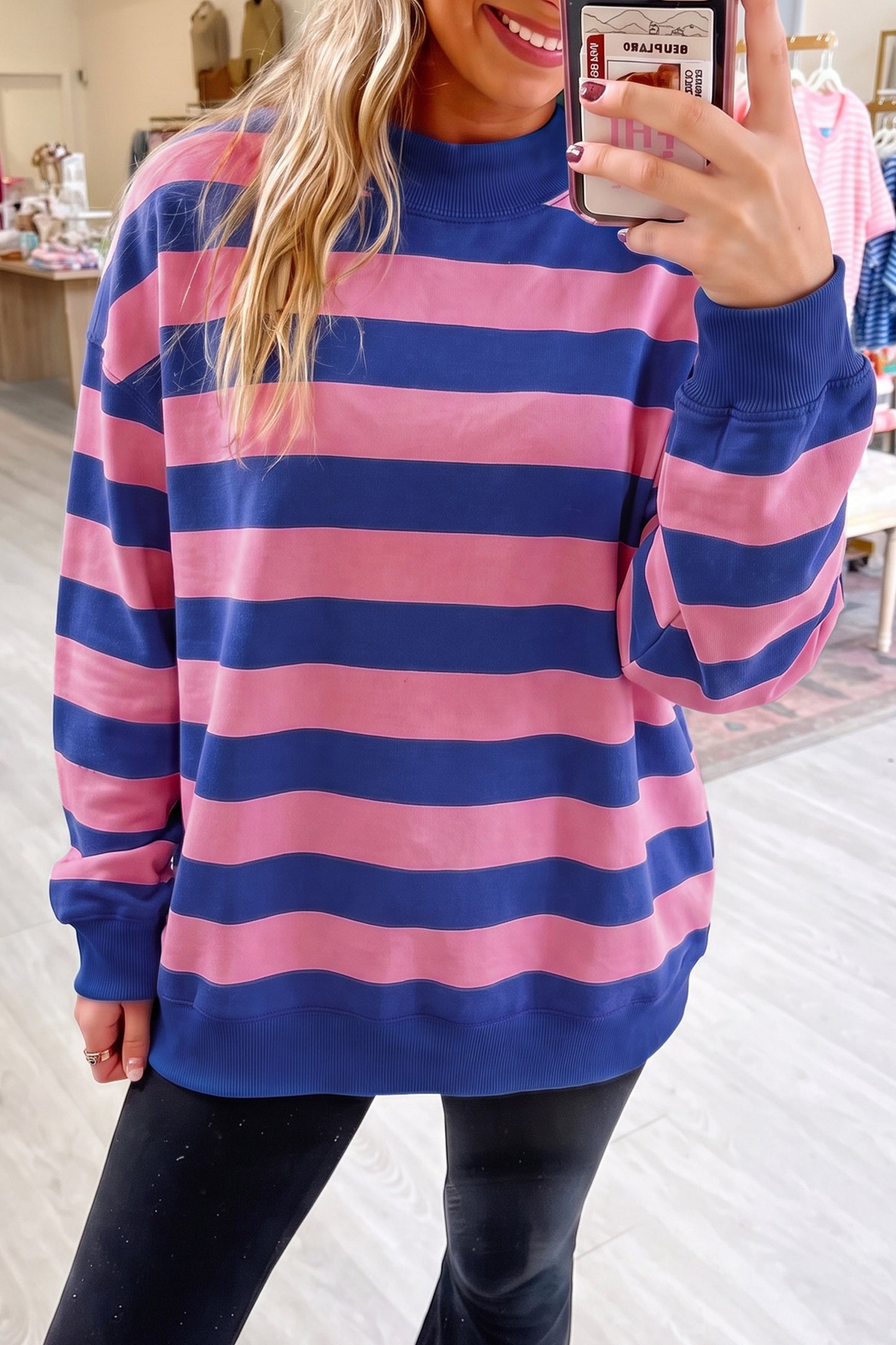 Blue Stripe Colorblock Mock Neck Relaxed Sweatshirt