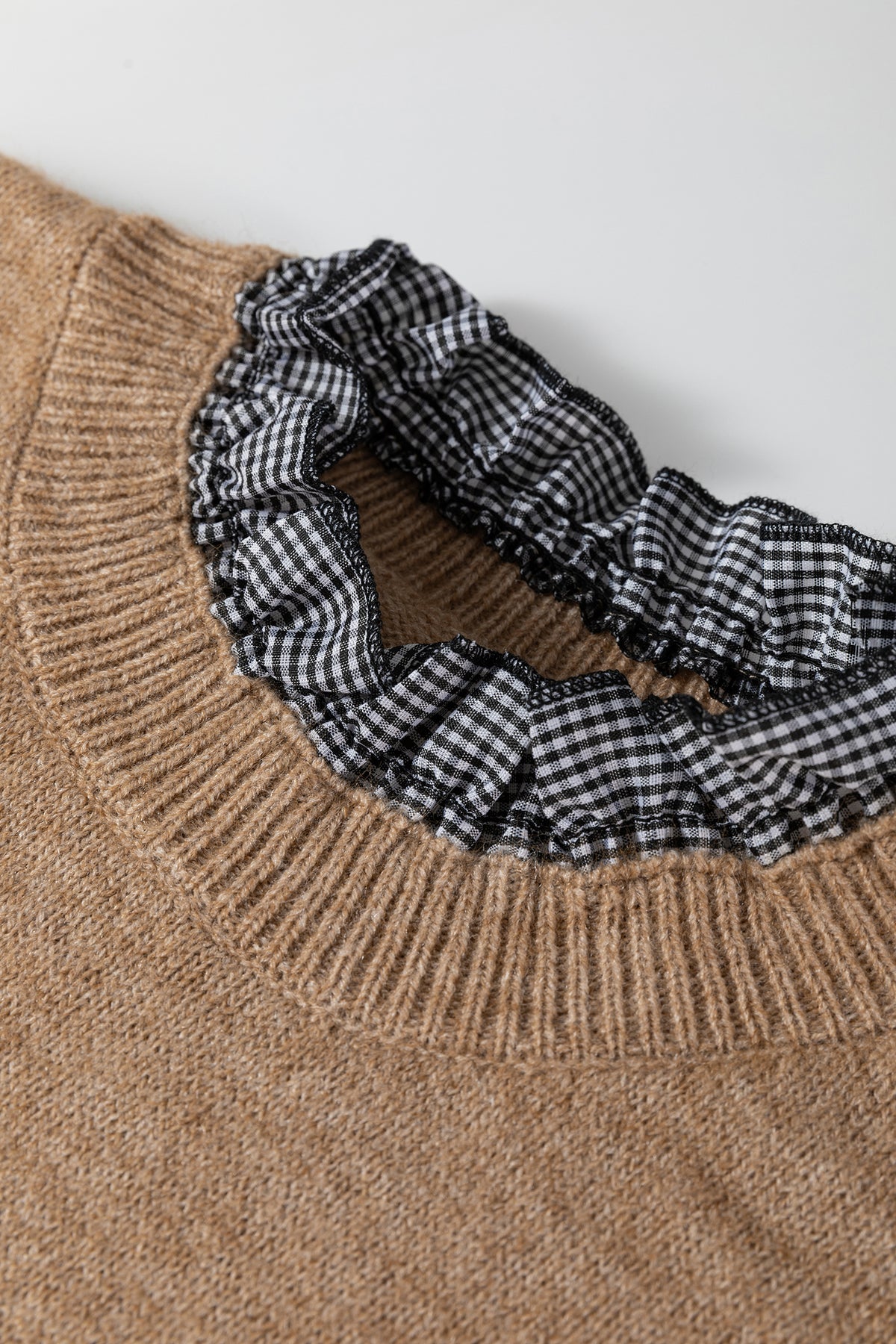 Chicory Coffee Contrast Plaid Ruffle Trim Pullover Sweater