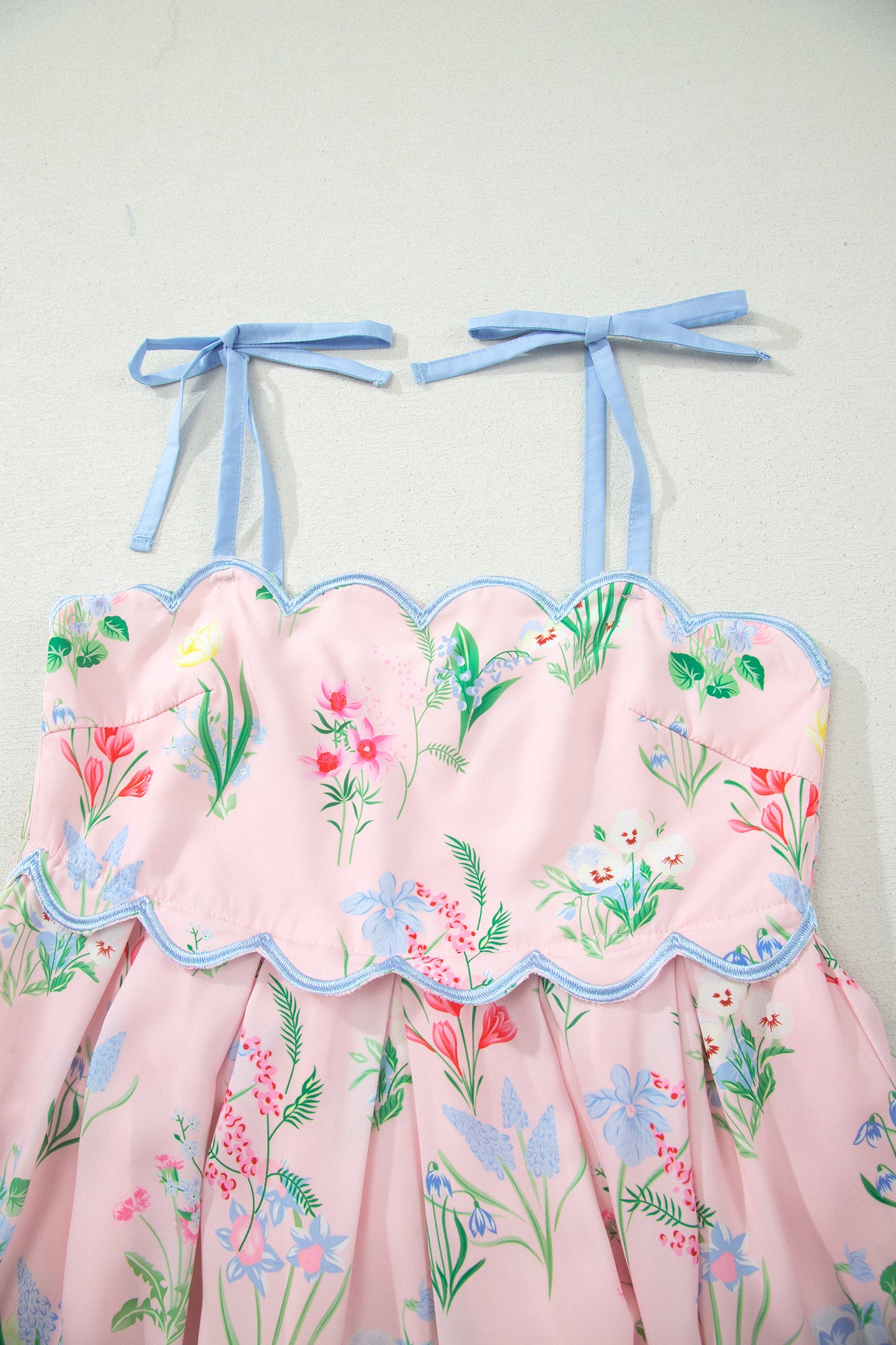 Beige Floral Print Contrast Trim Self-tie Straps High Waist Midi Dress