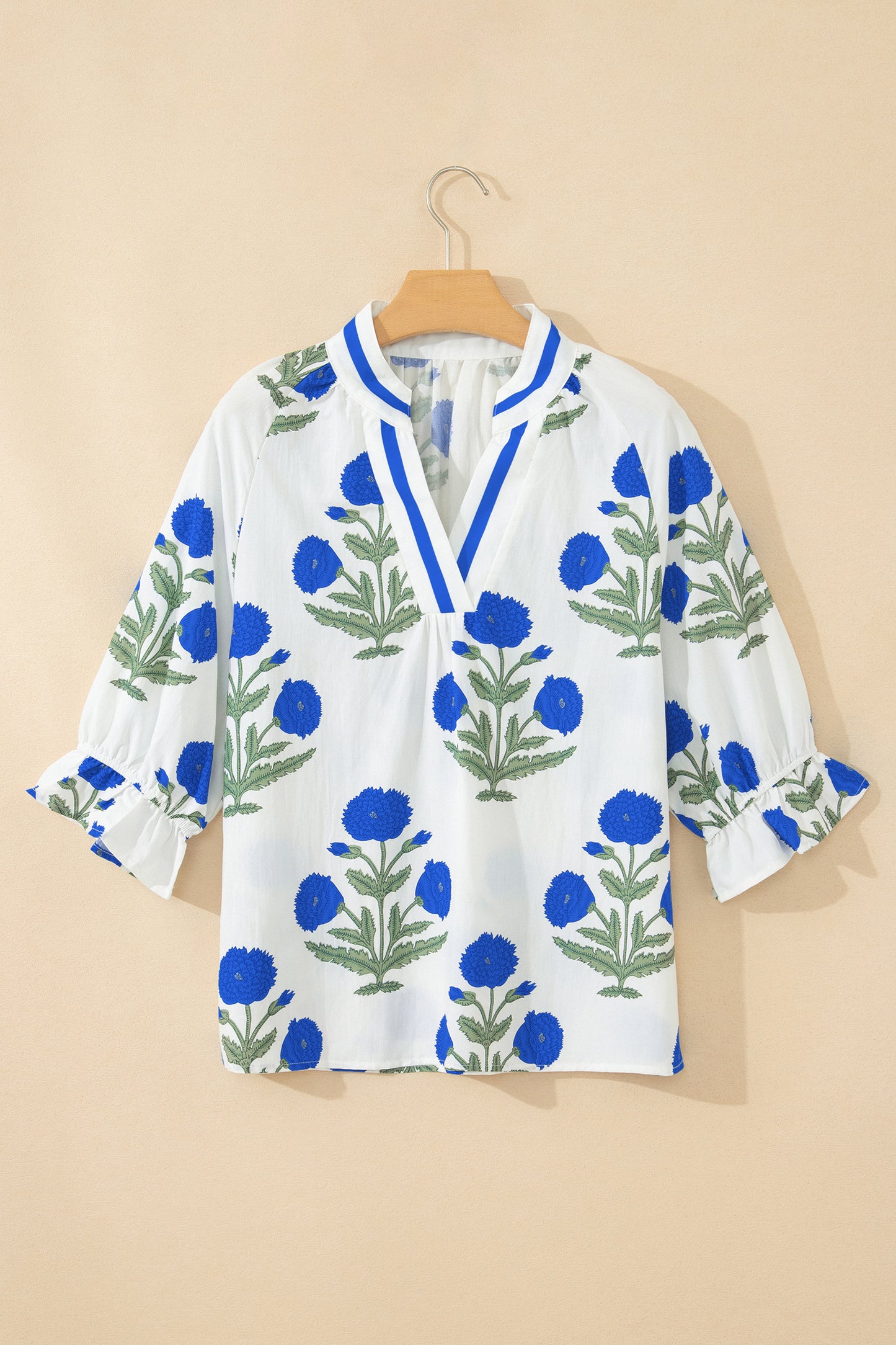 Casual Wild Flower Print V Neck 3/4 Sleeve Blouse