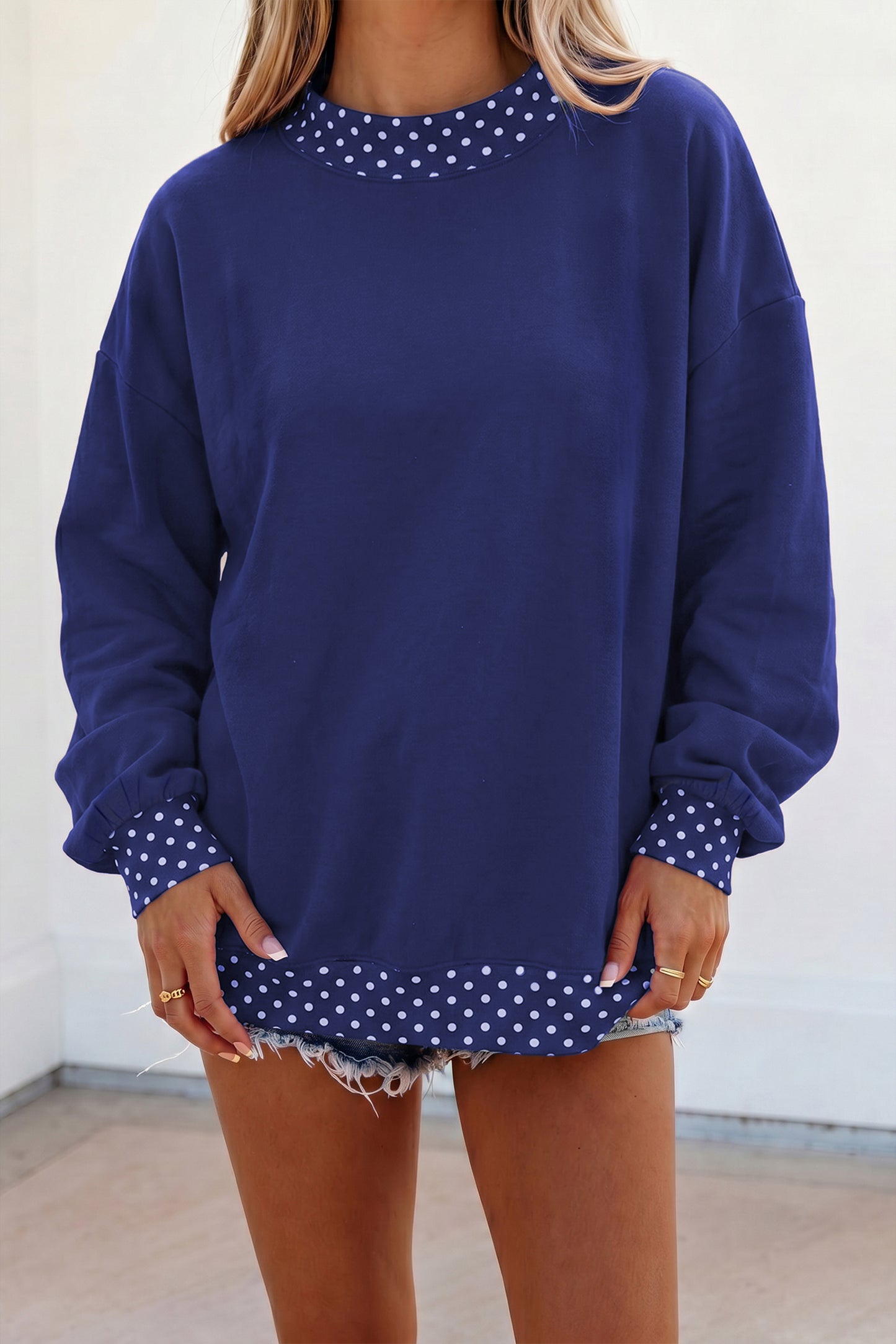Dirty blue Colorblock Polka Dot Contrast Trim Oversized Sweatshirt