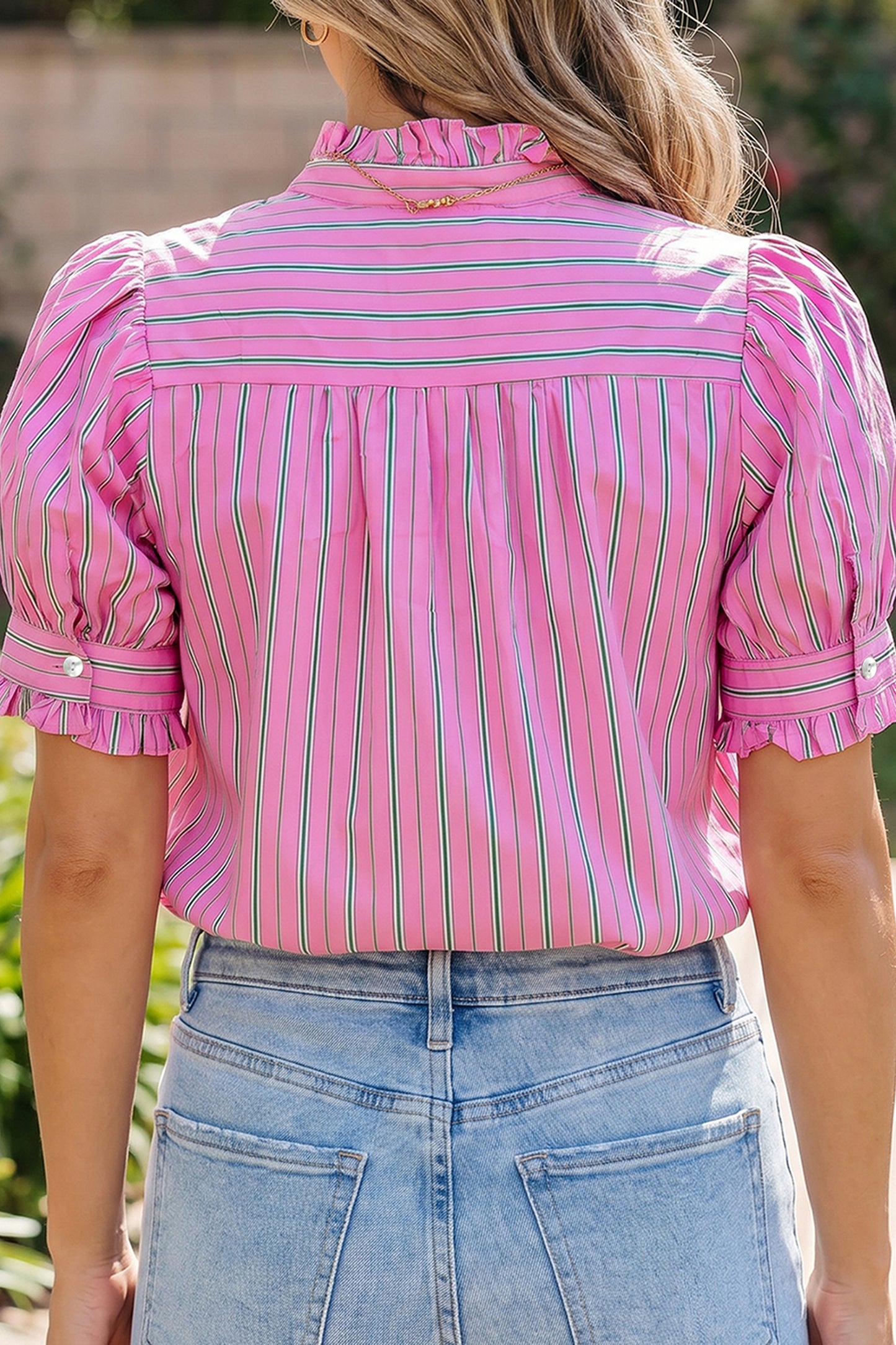 Pink Stripe Ruffle Trim Half Button Short Puff Sleeve Blouse