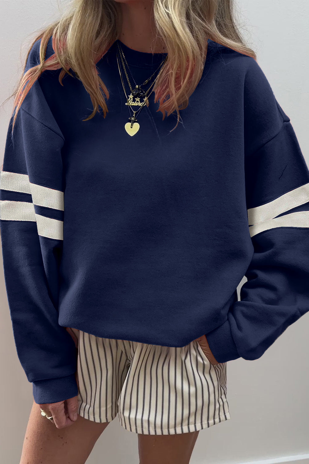 Sky Blue Varsity Striped Detail Drop Shoulder Oversized Sweatshirt