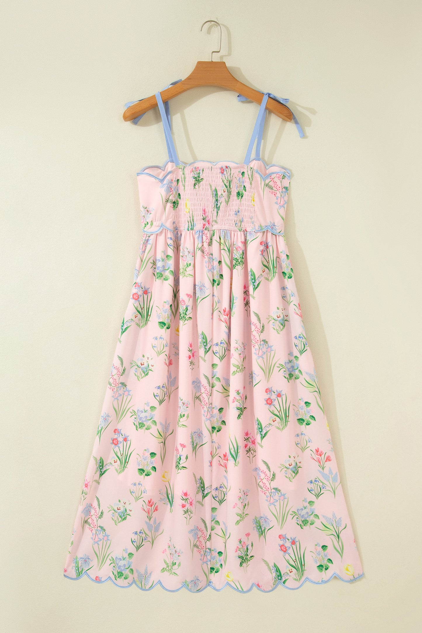 Beige Floral Print Contrast Trim Self-tie Straps High Waist Midi Dress