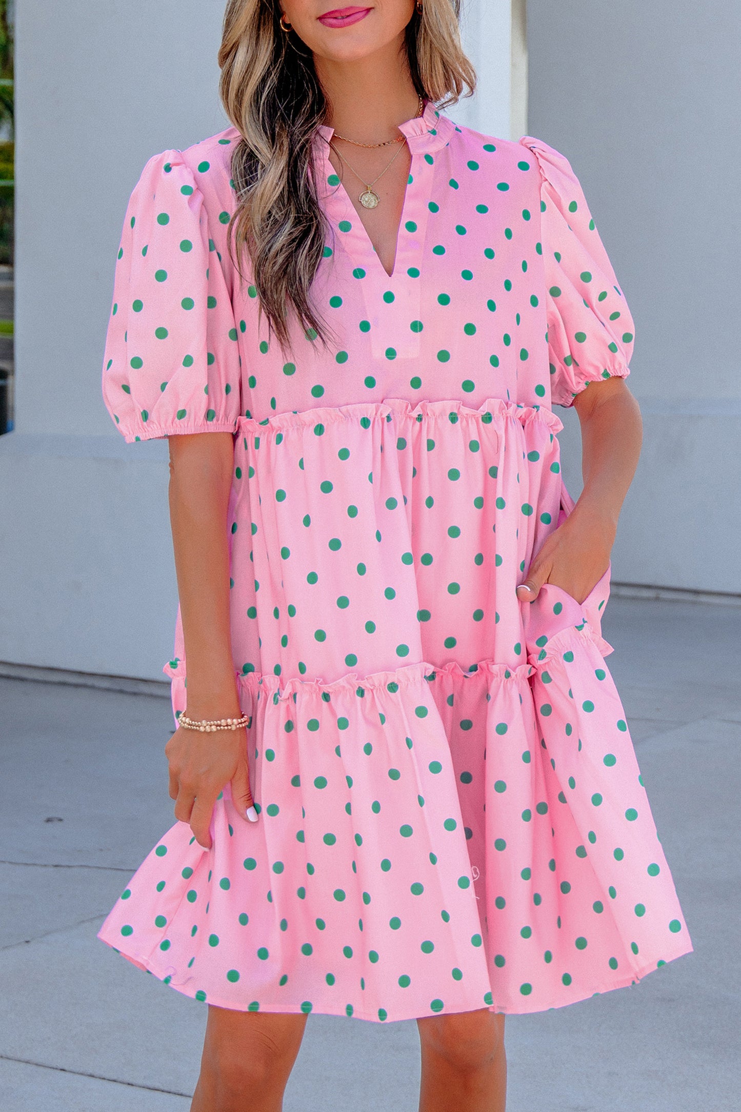 Pink Polka Dot Print V Neck Short Sleeve Tiered Mini Dress