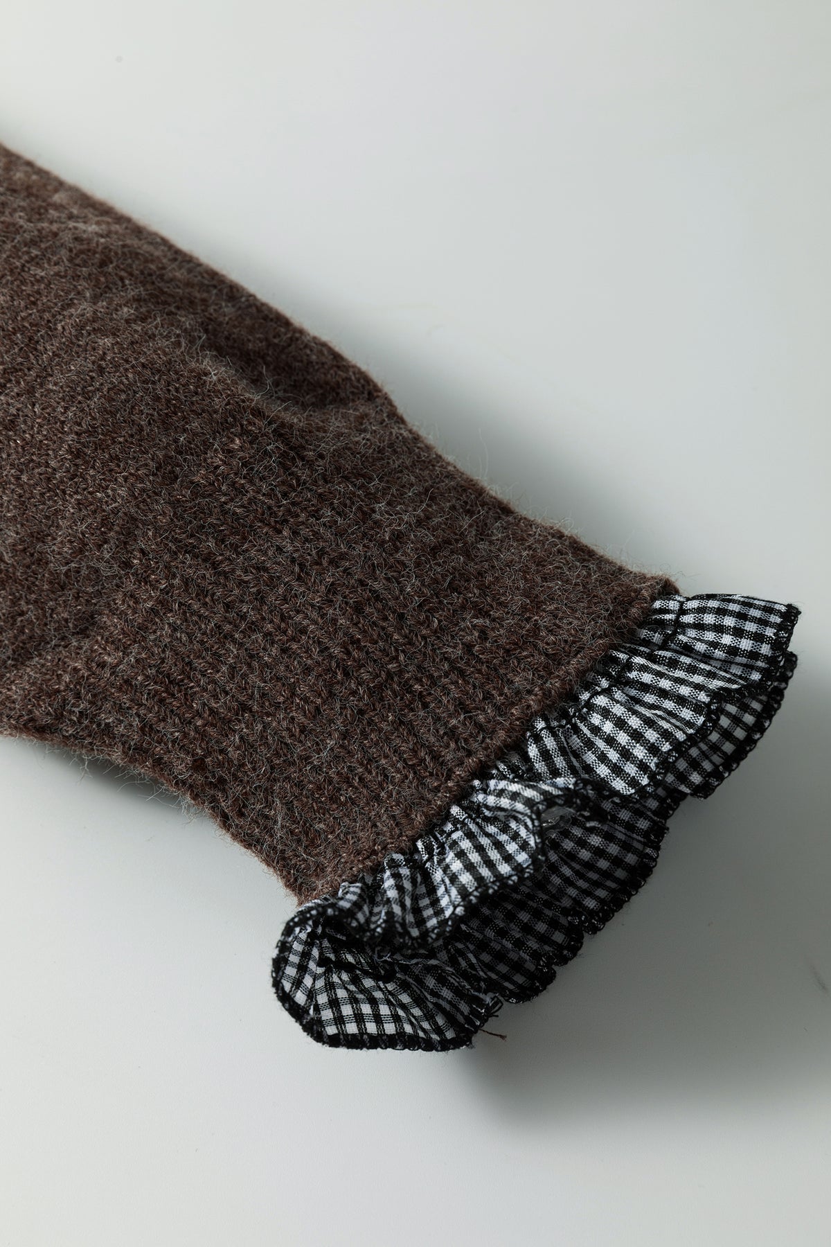Chicory Coffee Contrast Plaid Ruffle Trim Pullover Sweater
