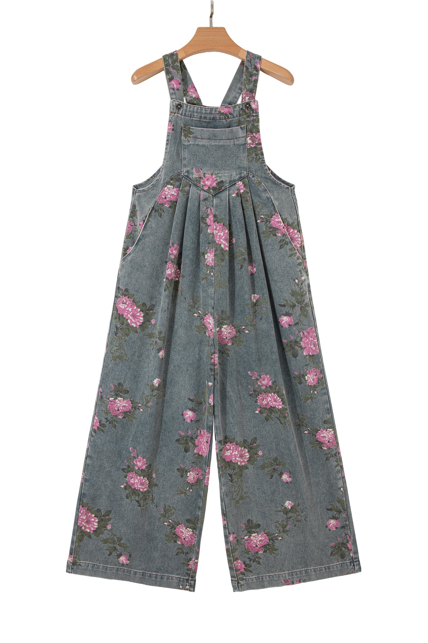 Beau Blue Floral Print Pleated High Waist Wide Leg Denim Jumpsuit
